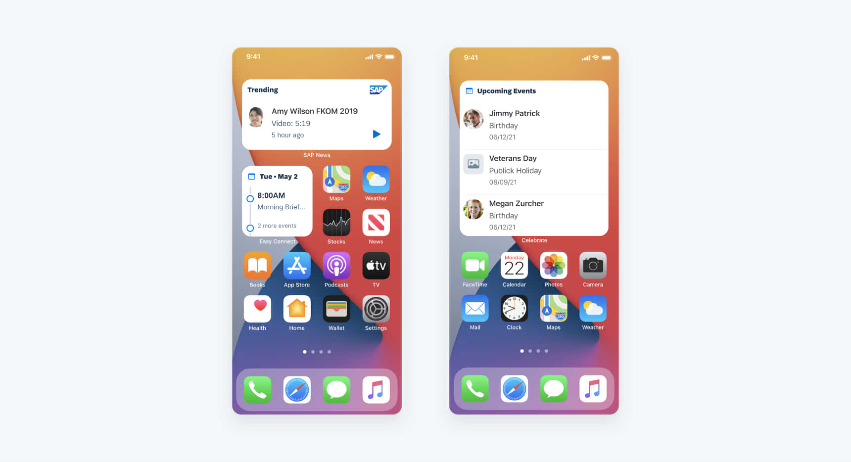 兩個 iPhone 主螢幕，帶有顯示熱門影片和即將發生的事件的小工具。 — iOS 14 GIF 壁紙