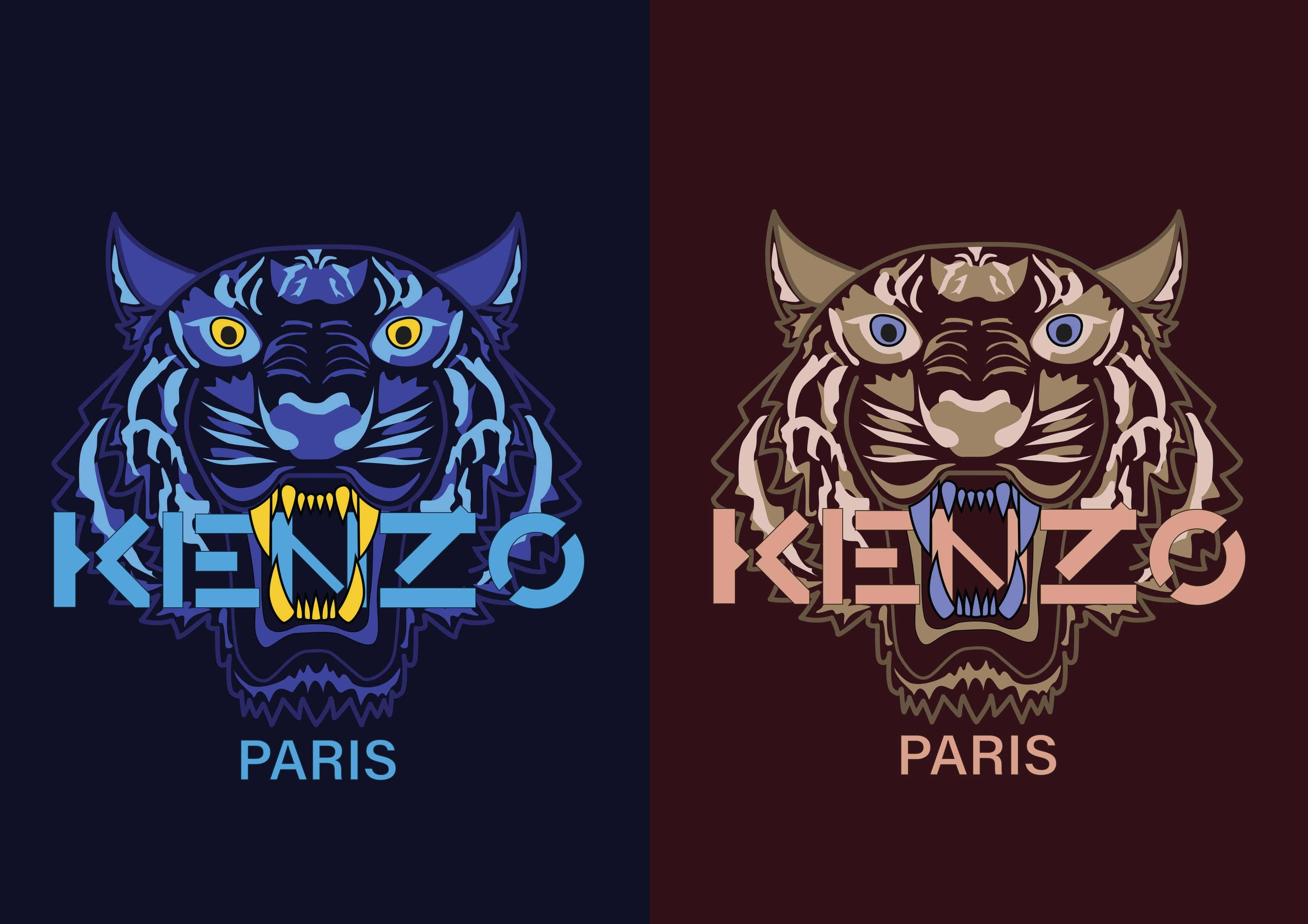 Designer Logo 桌布 壁紙 — 兩個 Kenzo Paris 的風格化虎頭標誌垂直分割，一個藍色一個棕色，帶有銳利輪廓和粗體字體。