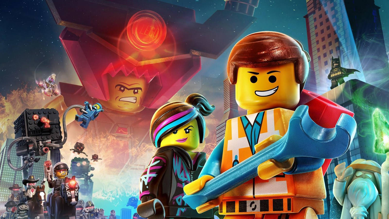 Animated 桌布 壁紙 — 兩個 LEGO 英雄在混亂的城市景觀中準備就緒，而巨大的 LEGO 反派在背景中若隱若現。
