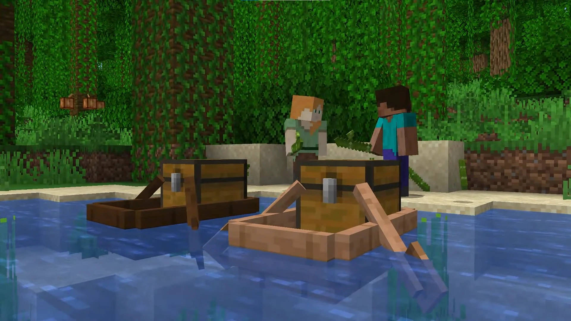  壁紙 — 兩個 Minecraft 角色站在木船旁邊，木船漂浮在被茂密綠色叢林樹葉包圍的像素化河流上。