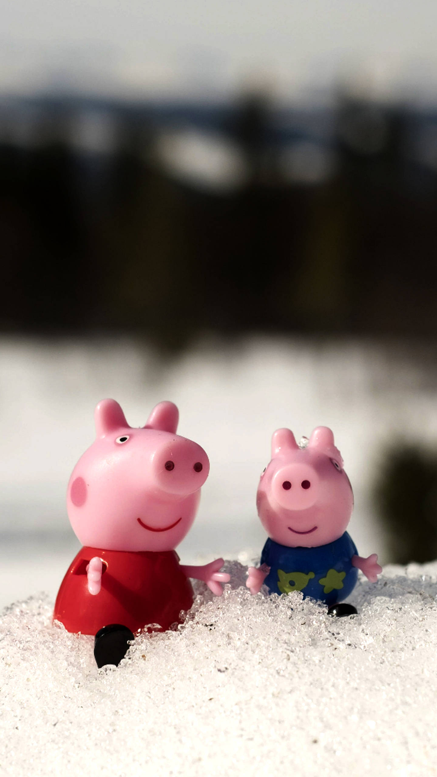 Peppa 桌布 壁紙 — 兩個 Peppa Pig 公仔在新鮮雪中微笑坐著，背景是模糊的森林山丘。