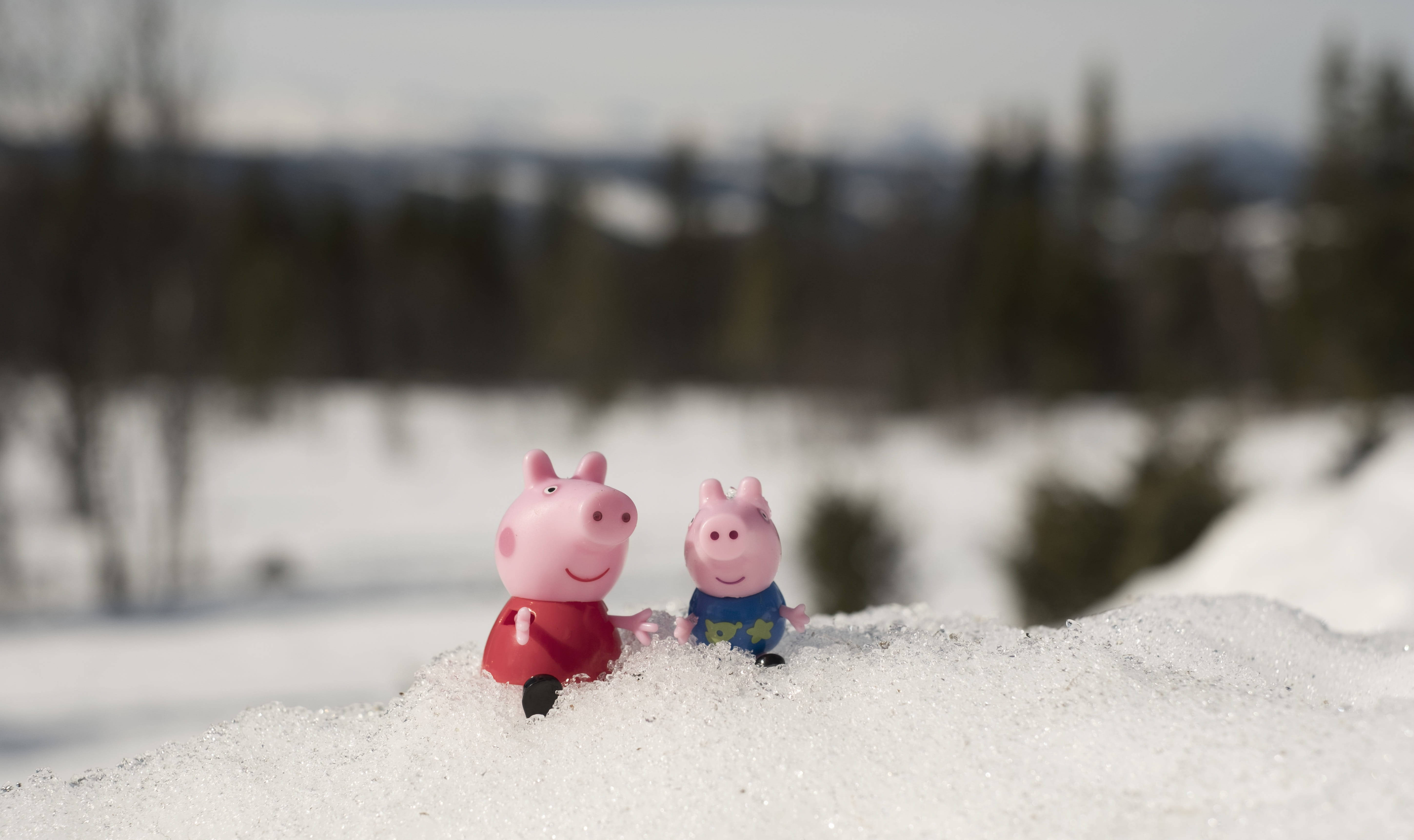 Cute Winter 桌布 壁紙 — 兩個 Peppa Pig 玩具公仔並排坐在雪堆上，背景是模糊的冬季森林。