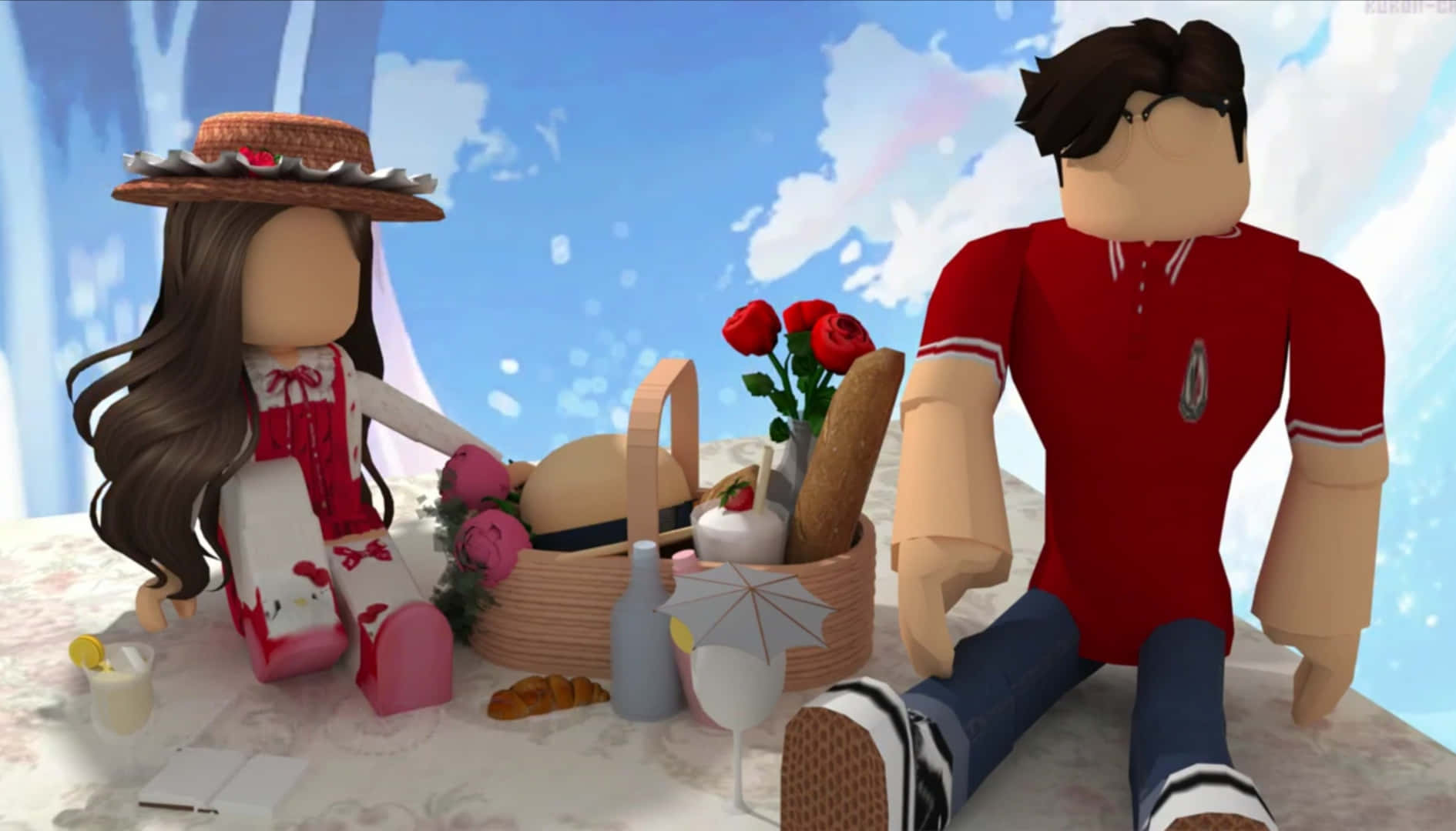 Aesthetic Roblox 桌布 壁紙 — 兩個 Roblox 角色在明亮的藍天下享受浪漫野餐，有玫瑰、麵包和飲料。