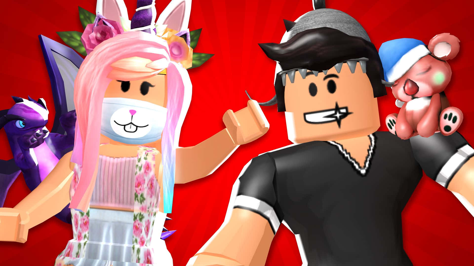 Cute Roblox 桌布 壁紙 — 兩個 Roblox 頭像在鮮紅色背景前，與紫色龍和泰迪熊一起開心擺姿勢。