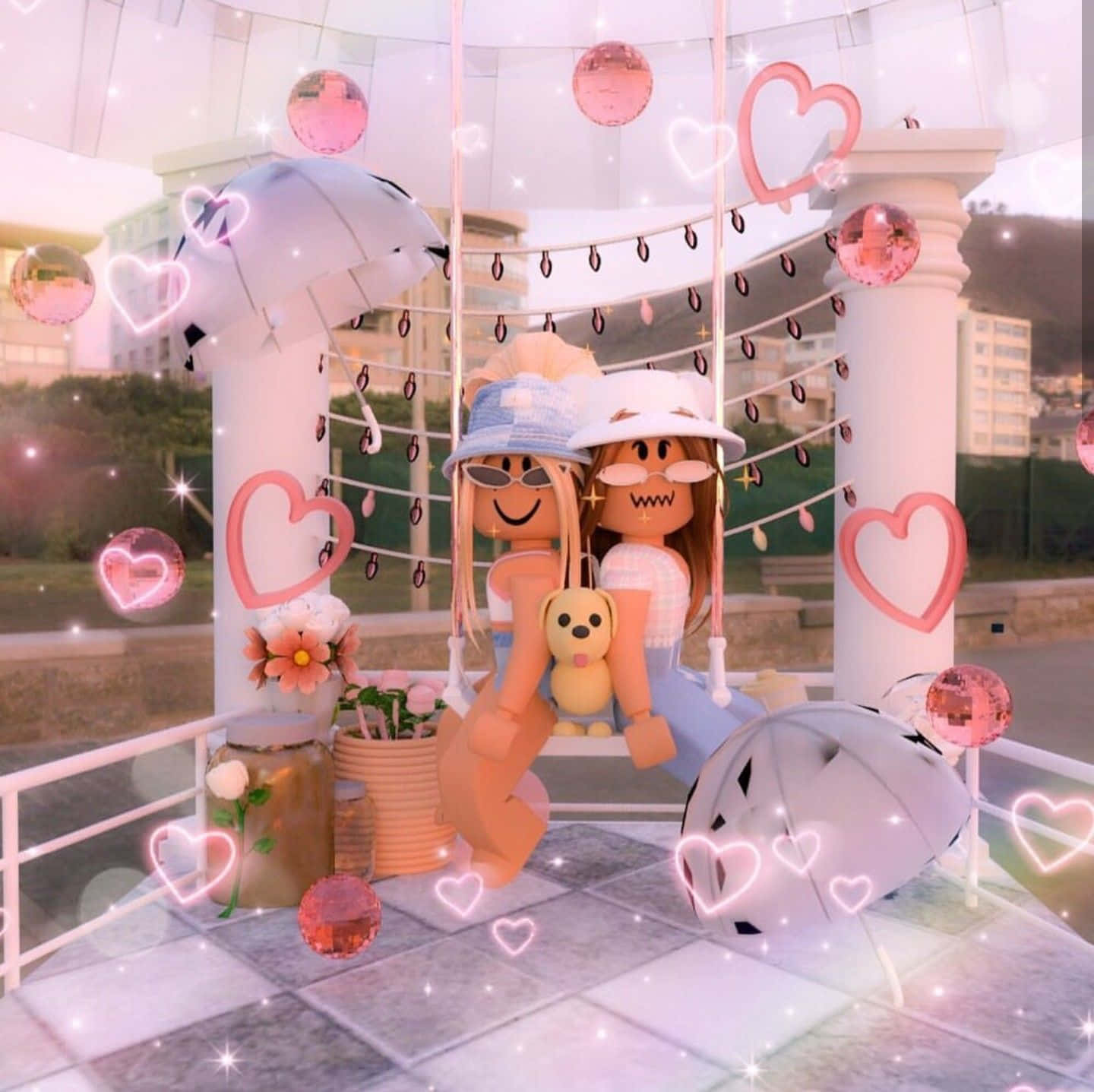 Roblox Pink 桌布 壁紙 — 兩個 Roblox 頭像坐在鞦韆上，下方有粉紅愛心和 disco 球，營造出閃爍浪漫的場景。