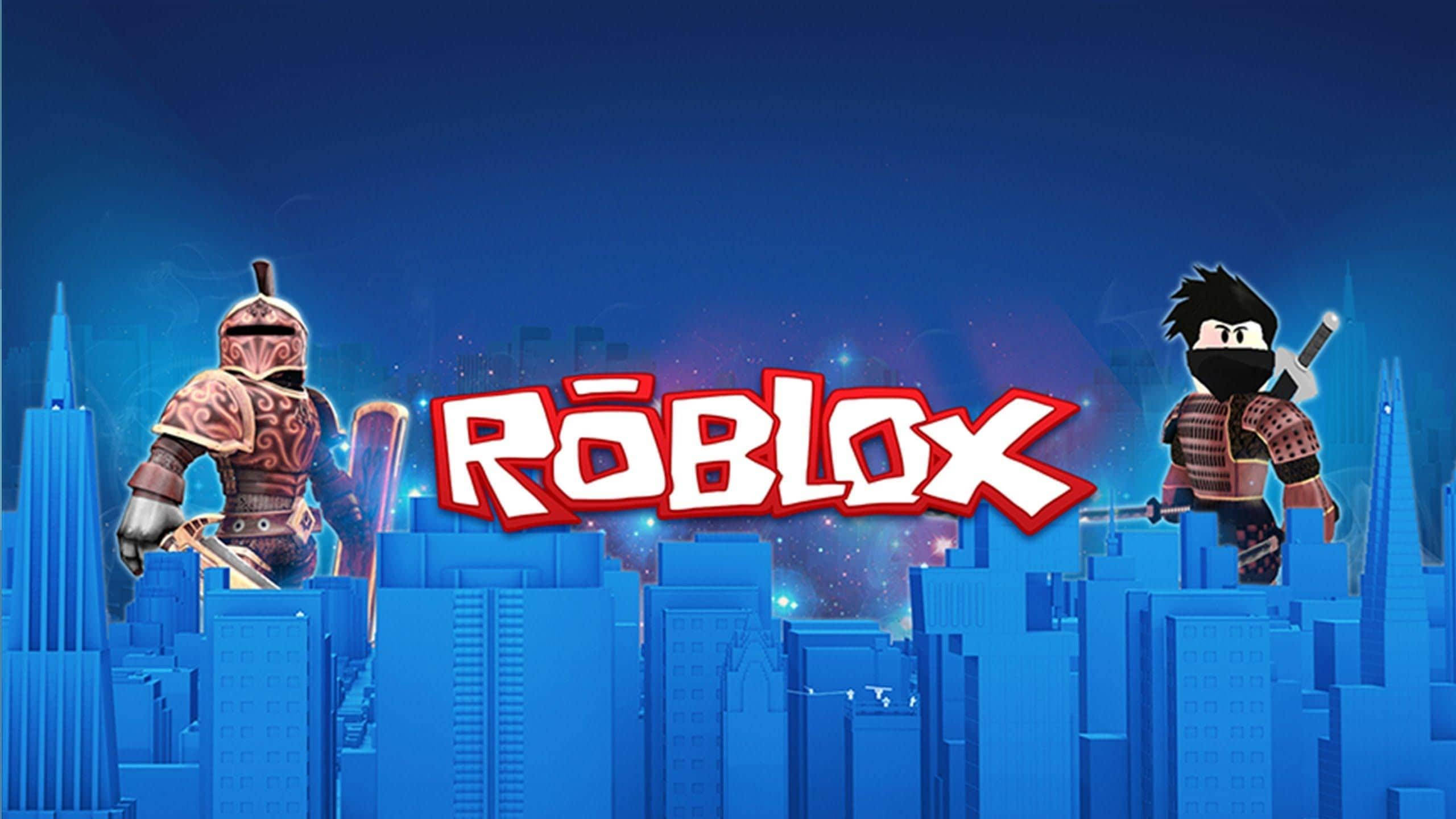 Cute Roblox 桌布 壁紙 — 兩個 Roblox 頭像站在發光的藍色城市景觀之上，Roblox 標誌以粗體紅色和白色居中。
