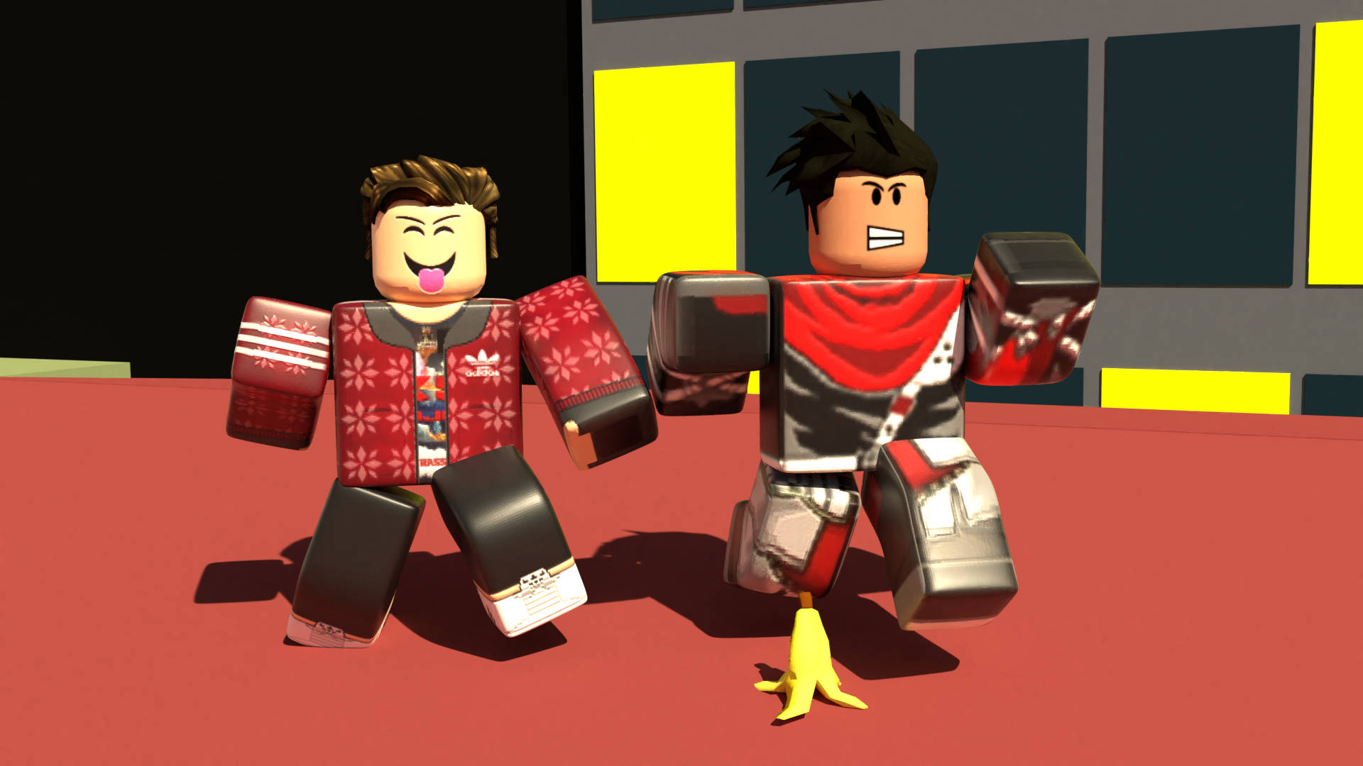Roblox 桌布 壁紙 — 兩個 Roblox 頭像站在紅色地板上，一個笑著伸出舌頭，另一個憤怒地舉起拳頭，靠近一棟有黃色窗戶的建築物。