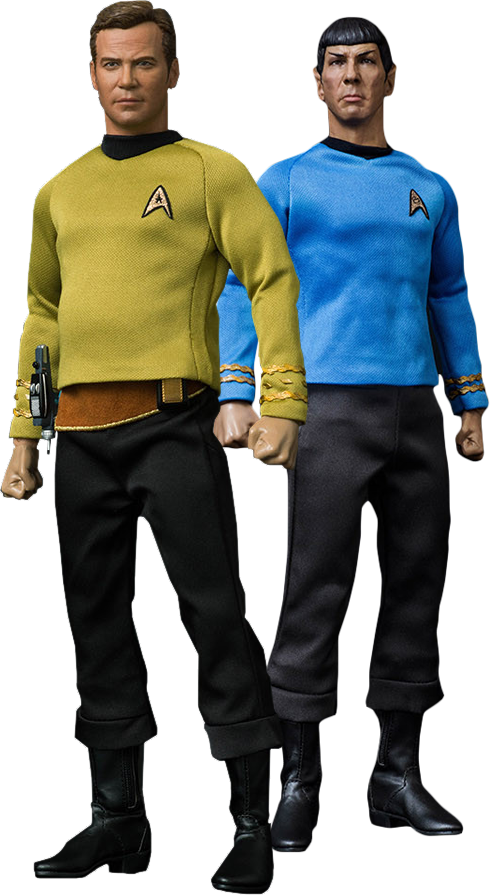 Star Trek Enterprise 桌布 壁紙 — 兩個《星艦迷航記》可動人偶，寇克船長與史巴克，身穿標誌性的黃色和藍色制服並肩而立。