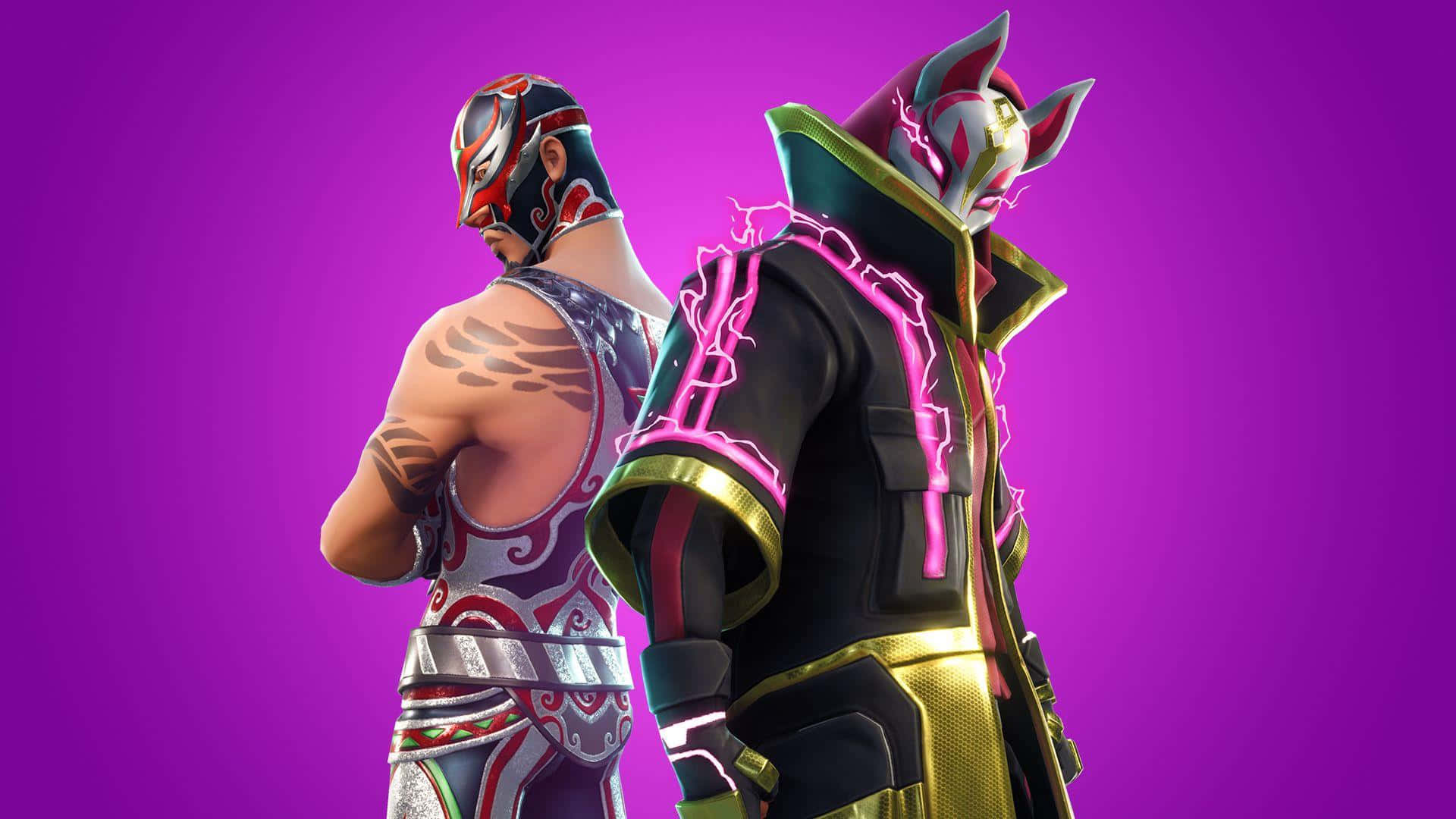 Fortnite 桌布 壁紙 — 兩個《要塞英雄》角色戴著鮮豔的摔角面具和發光服裝，背靠背站在純紫色背景前。