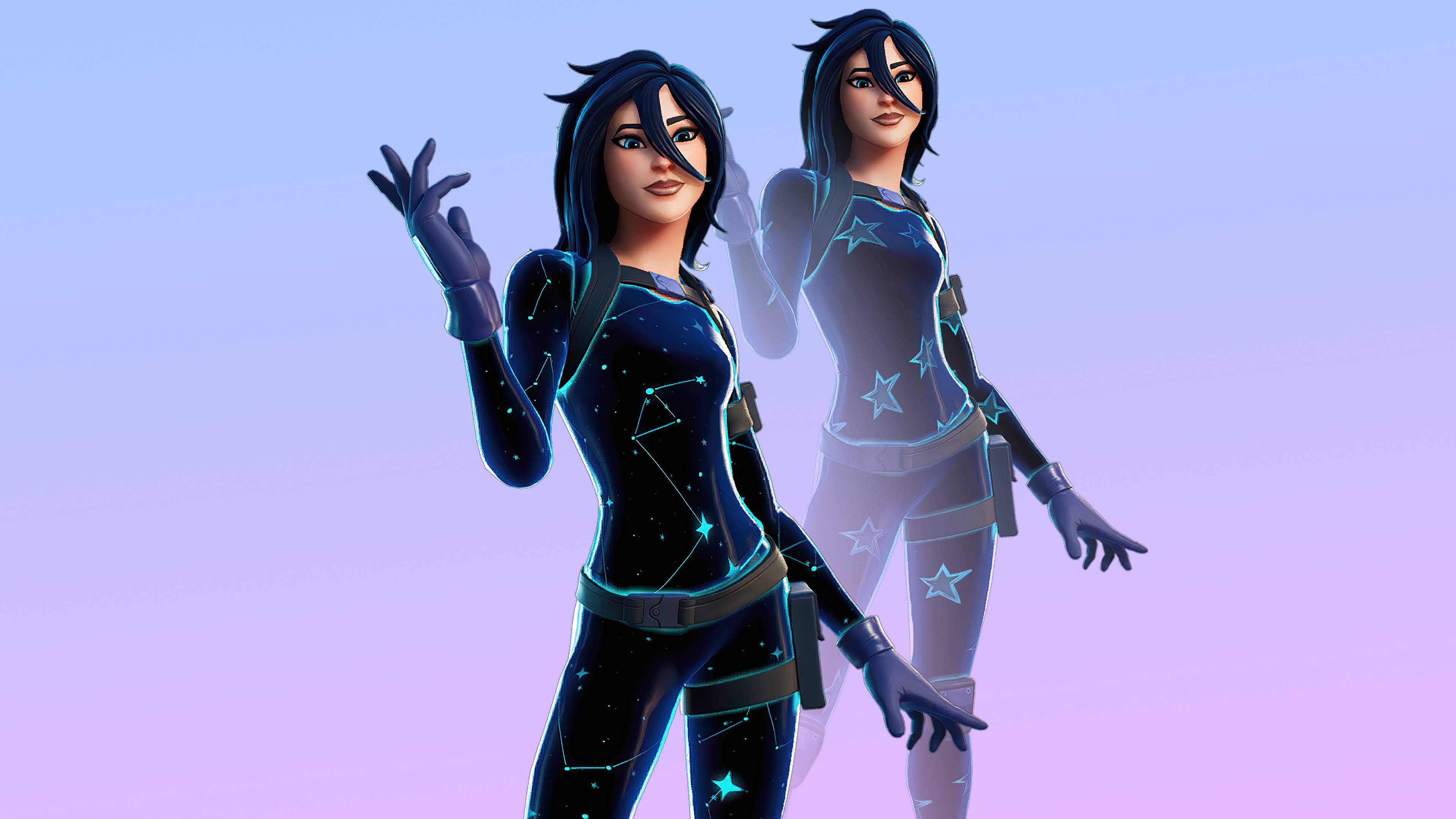 Fortnite Skins 桌布 壁紙 — 兩個《要塞英雄》角色穿著發光星星圖案服裝，在柔和的紫色漸變天空前擺姿勢。