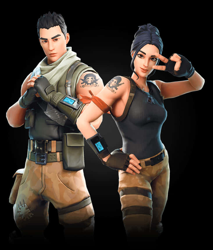 Fortnite Default Skin 桌布 壁紙 — 兩個《要塞英雄》角色身穿戰術裝備，在黑色背景前自信擺姿勢，展示骷髏紋身和發光手腕裝置。