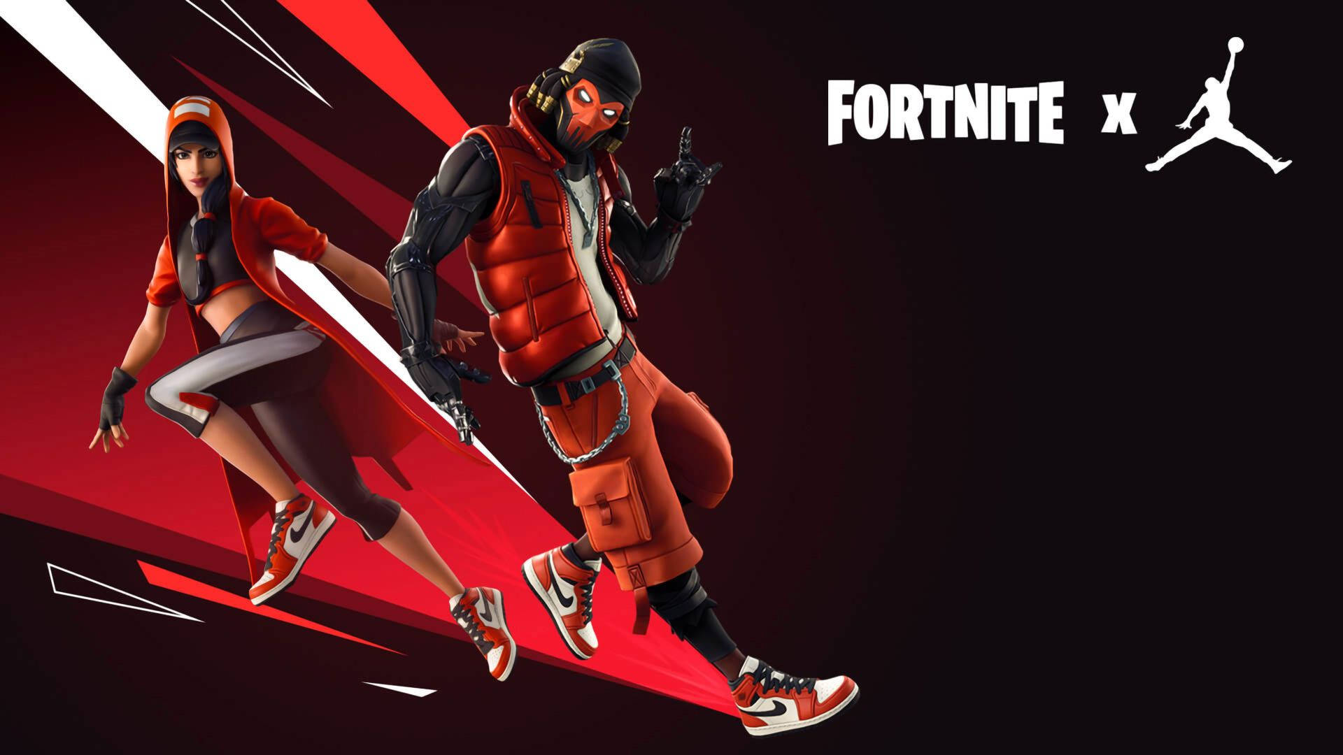 Cool Fortnite 桌布 壁紙 — 兩個《要塞英雄》角色身穿紅黑服裝，搭配Jordan運動鞋，在深紅色幾何背景前動感擺姿勢。