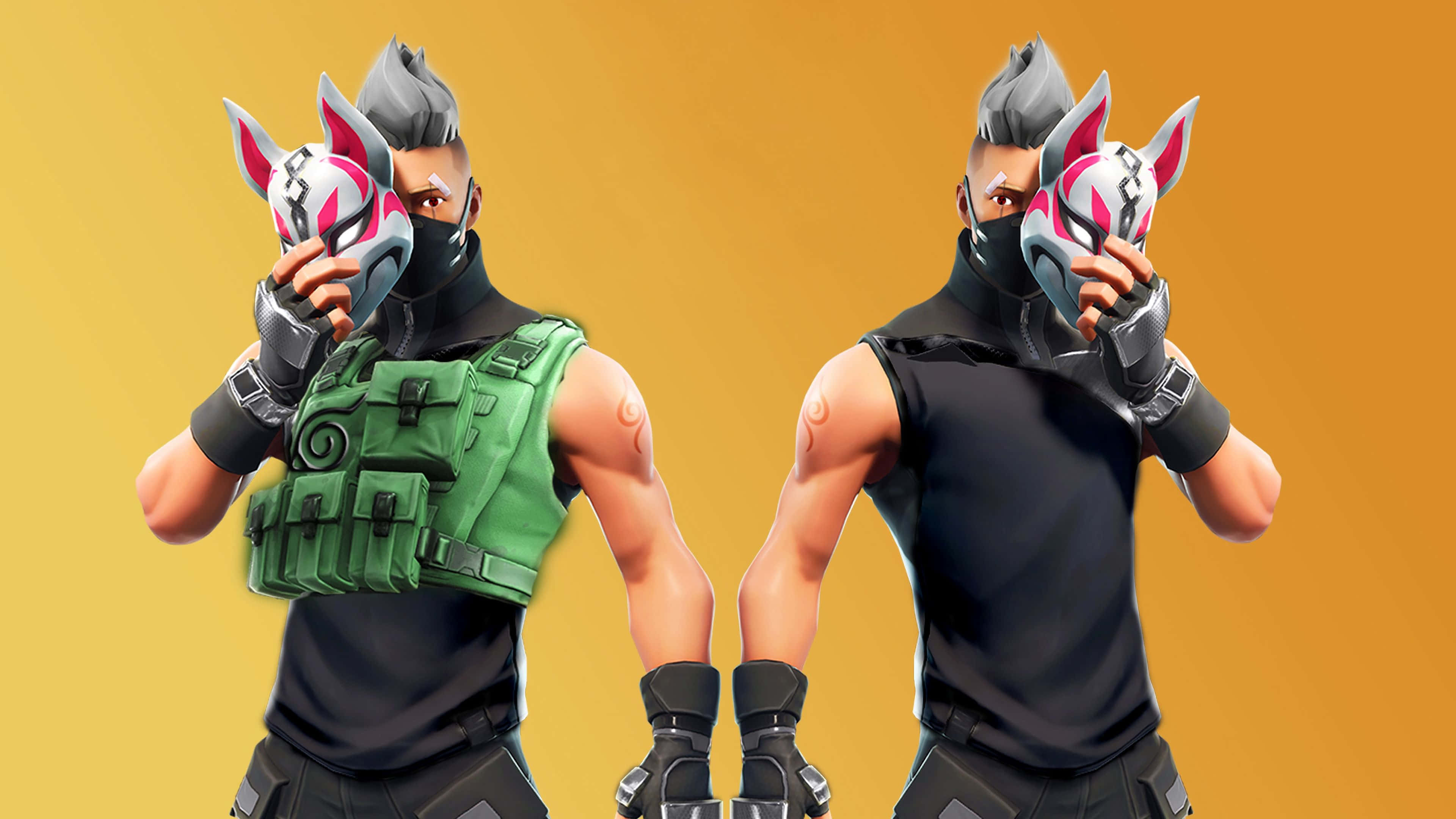 Fortnite 造型 桌布 壁紙 — 兩個《要塞英雄》角色身穿黑色裝備和綠色戰術背心，在溫暖的橙色背景前舉起狐狸主題面具。