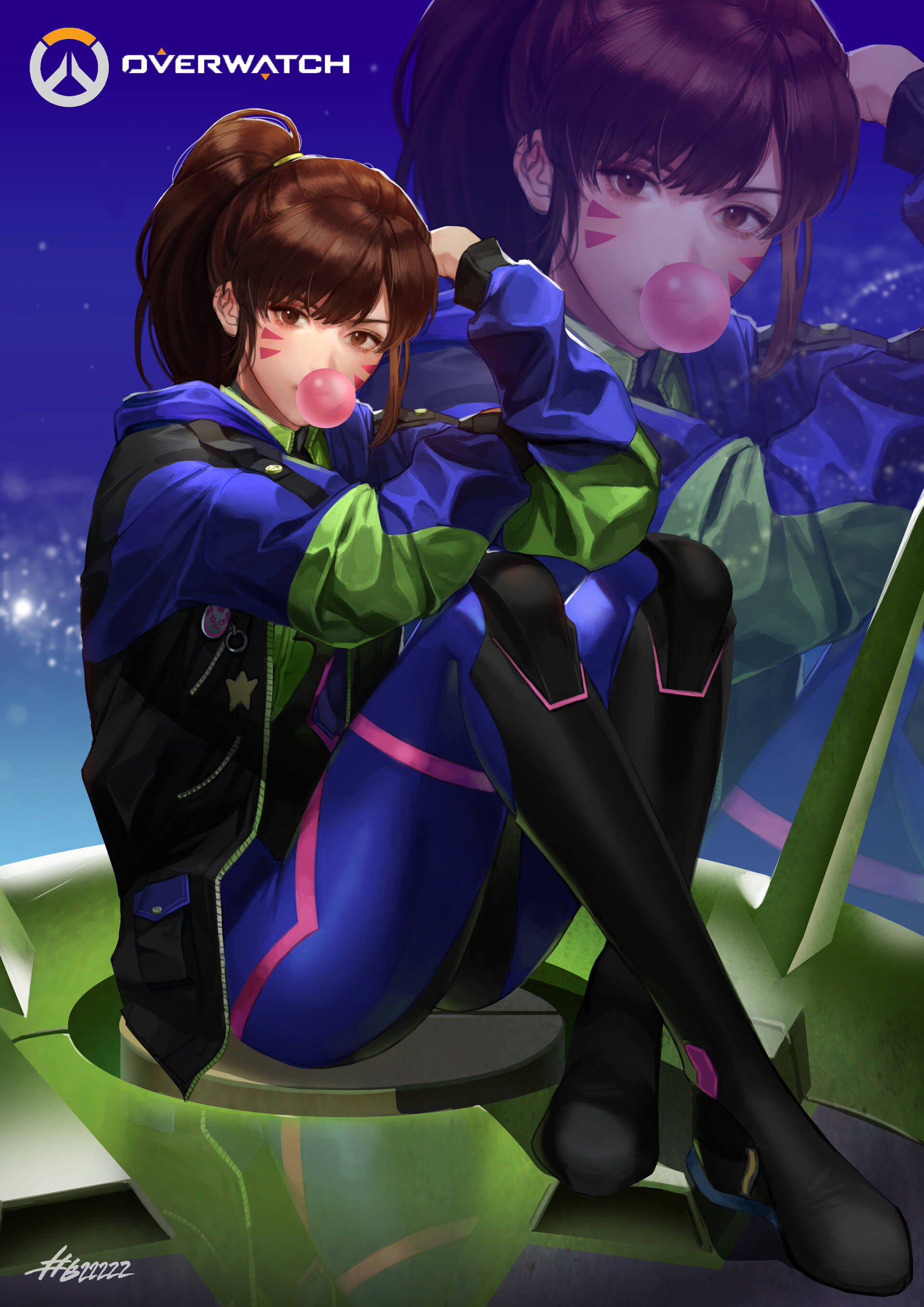 D.Va 桌布 壁紙 — 兩個《鬥陣特攻》角色坐在發光的綠色平台上，在繁星點點的紫色天空下吹出粉紅色泡泡。