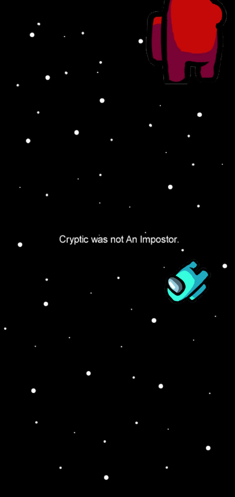 兩個Among Us角色在空間中，文字宣告'Cryptic不是Impostor。' — Among US 壁紙