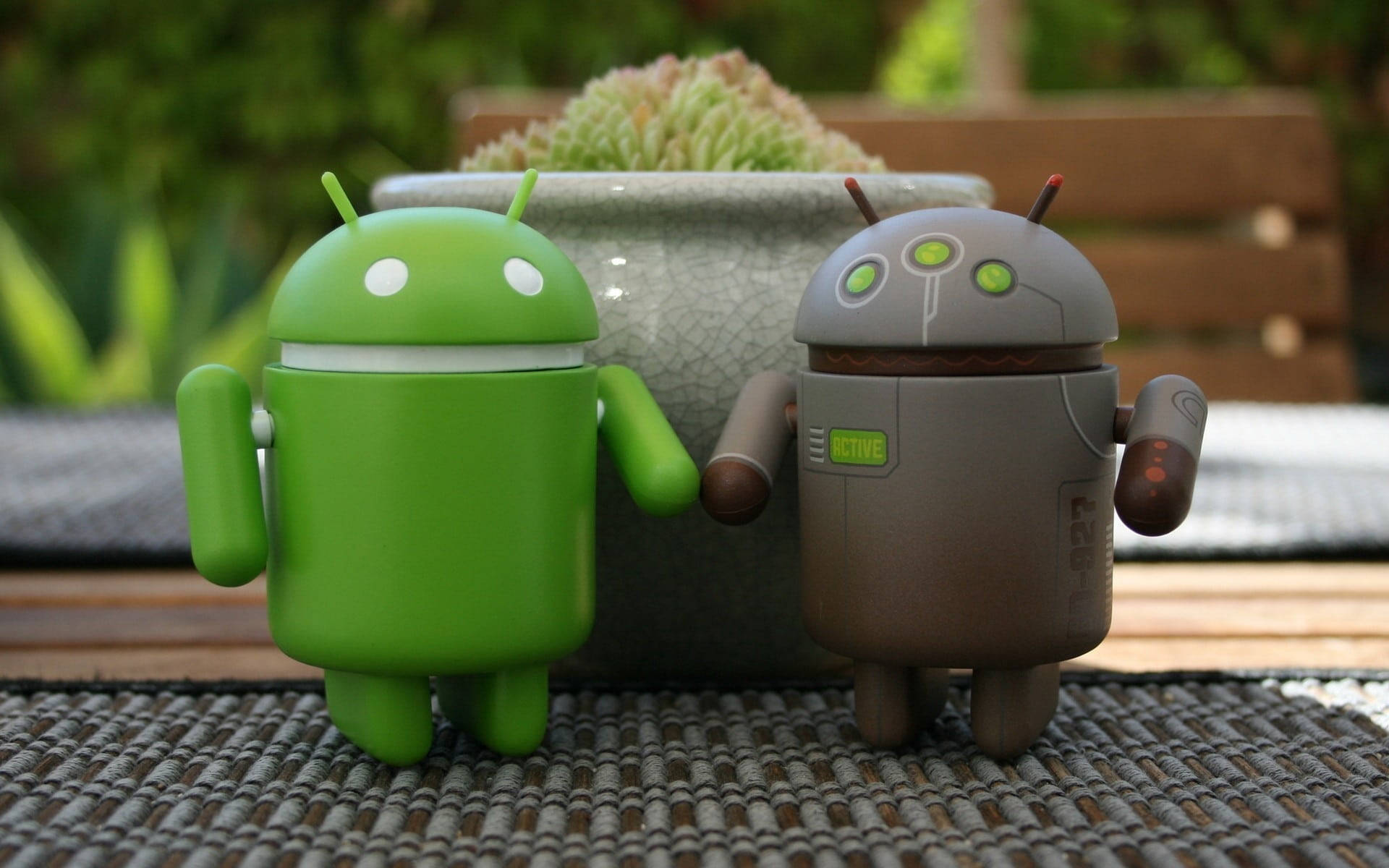 Android Desktop 桌布 壁紙 — 兩個Android機器人公仔，一綠一灰，並排站在編織墊上，後面有一盆多肉植物。