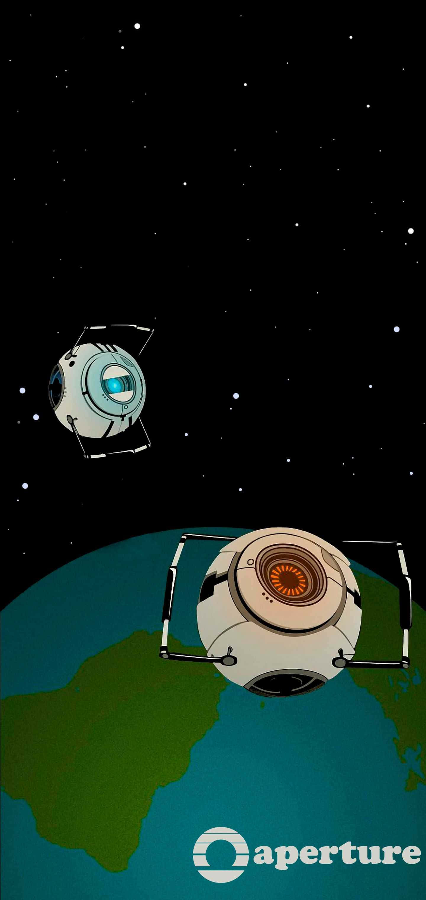 傳送門 桌布 壁紙 — 兩個Aperture Science炮塔漂浮在太空中，地球的綠色和藍色大陸之上，背景是繁星點點的黑夜。