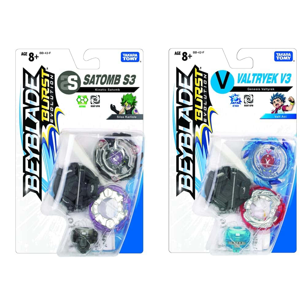 戰鬥陀螺爆裂 桌布 壁紙 — 兩個Beyblade Burst Evolution玩具包裝，包含Satomb S3和Valtryek V3，附有角色藝術和旋轉陀螺。
