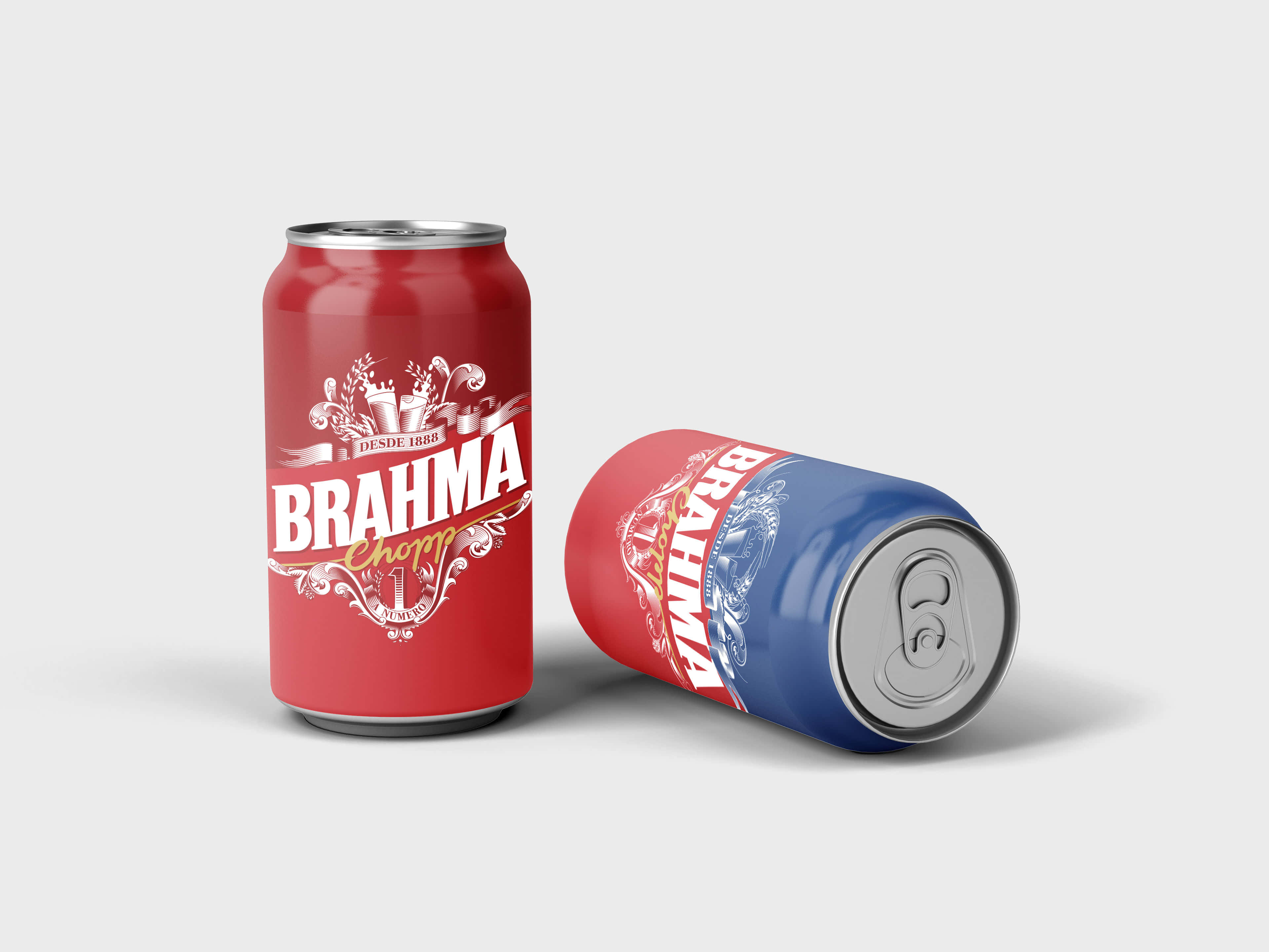 alcohol 桌布 壁紙 — 兩個Brahma啤酒罐，一個直立紅色，一個躺臥藍色，在灰色中性背景上。