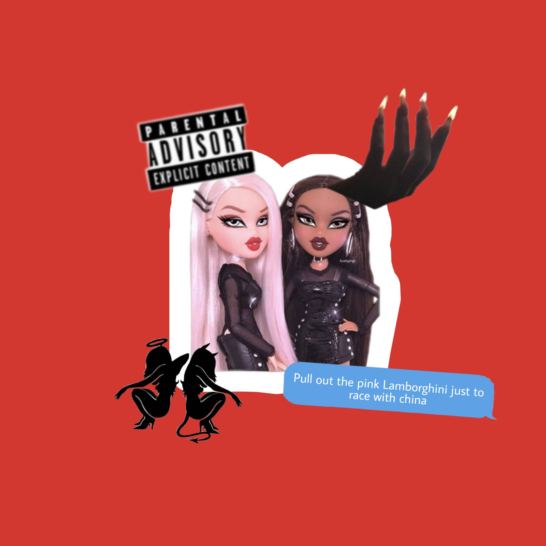 壞女孩 桌布 壁紙 — 兩個Bratz娃娃，化著誇張妝容，身穿黑色服裝，在紅色背景前擺姿勢，背景有家長指引標籤和魔鬼天使剪影。