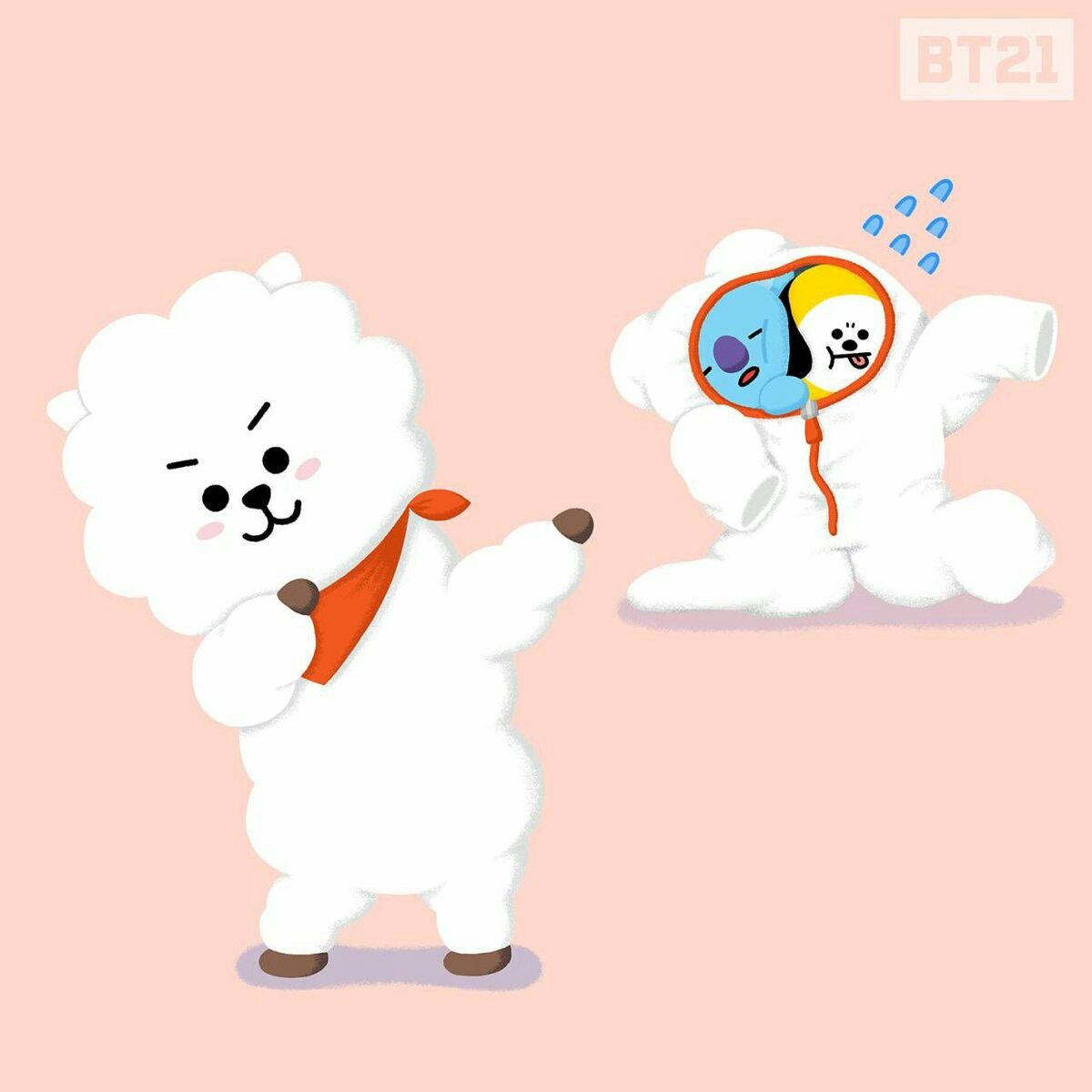 rj bt21 桌布 壁紙 — 兩個BT21角色，一個戴橙色圍巾跳舞，另一個在放大鏡下出汗