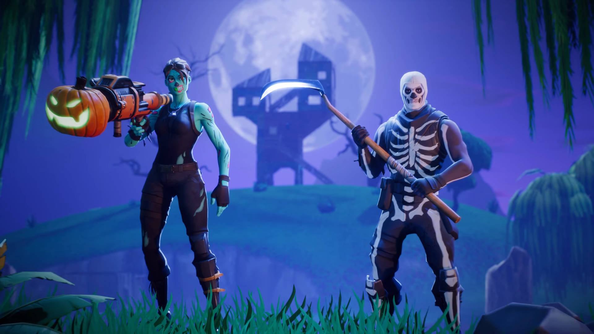 Fortnite 造型 桌布 壁紙 — 兩個Fortnite角色，一個拿著南瓜槍的殭屍和一個拿著鐮刀的骷髏，站在詭異的紫色月光沼澤中。