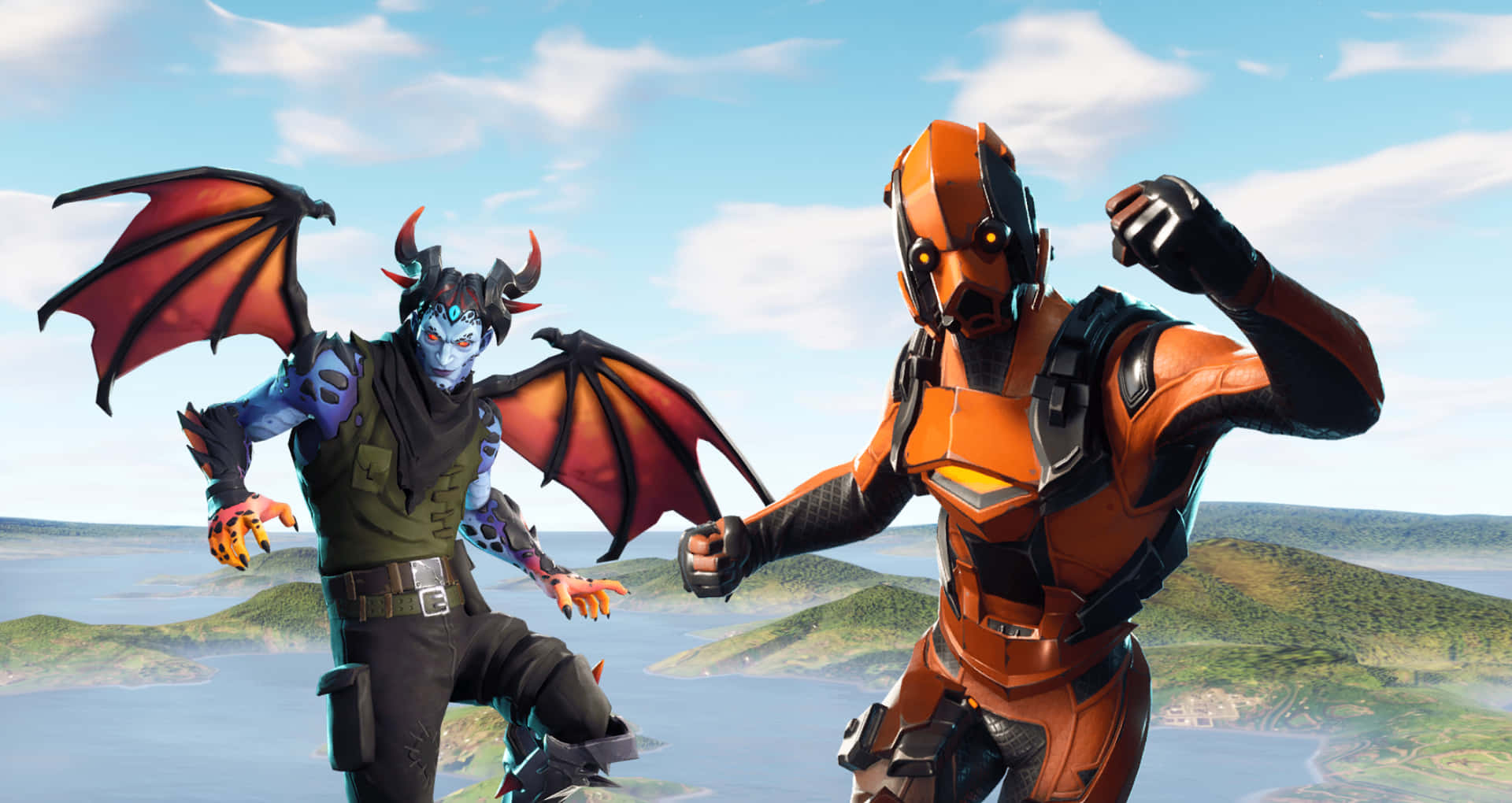 電玩遊戲 桌布 壁紙 — 兩個Fortnite角色，一個有龍翼和角，另一個穿著橙色盔甲，站在一個浮島上，俯瞰著廣闊的海洋和綠色山丘，在明亮的藍天下。