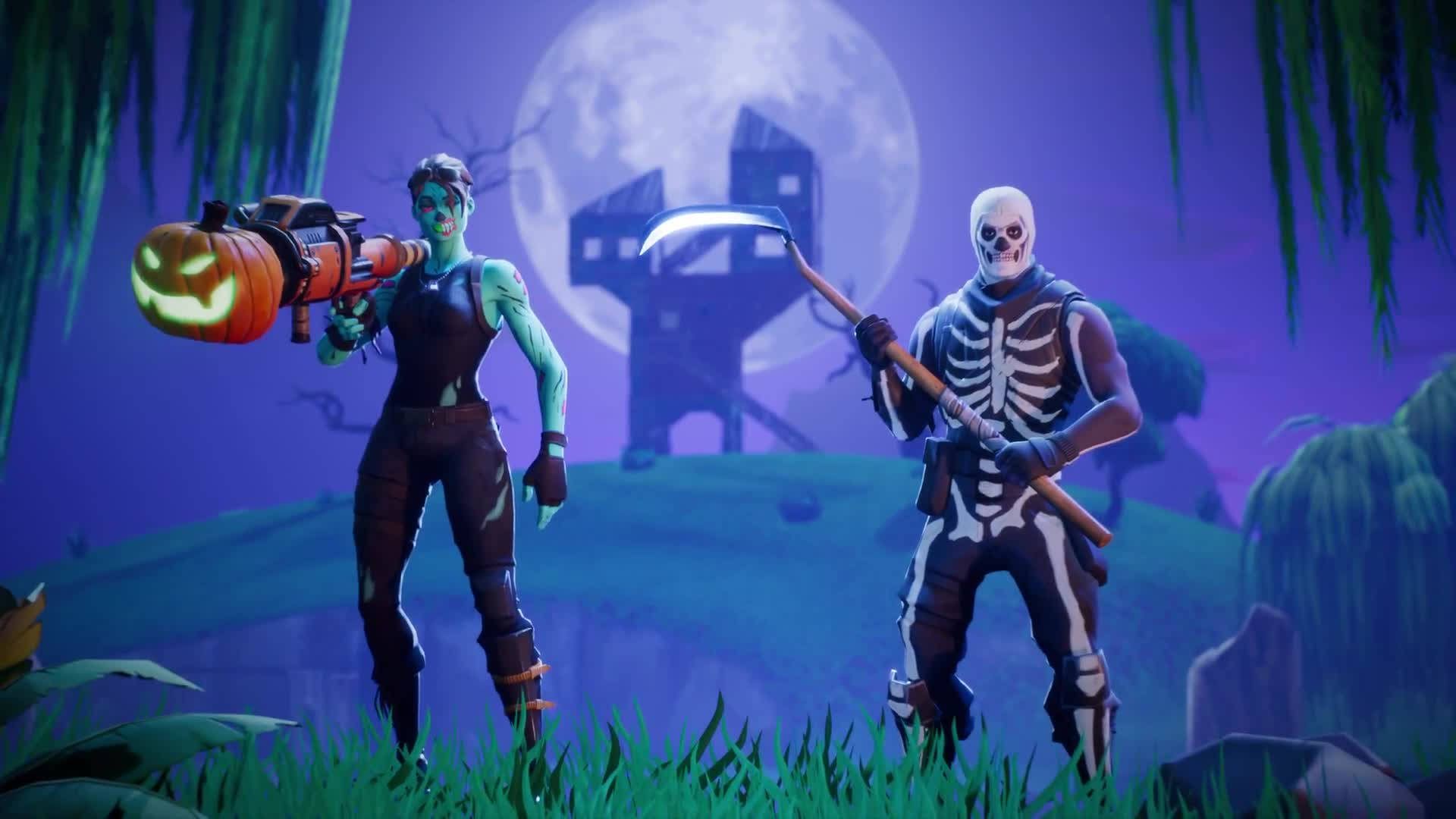 Fortnite 造型 桌布 壁紙 — 兩個Fortnite角色，一個發光南瓜發射器殭屍和一個揮舞鐮刀的骷髏，站在一個詭異的紫色月光沼澤中。