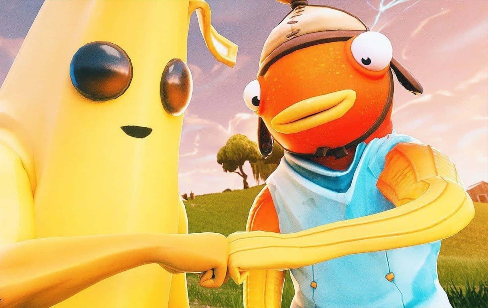 Fortnite Fishstick 桌布 壁紙 — 兩個Fortnite角色，一隻香蕉和一隻穿著藍色背心的鴨子，在日落天空下互相碰拳。