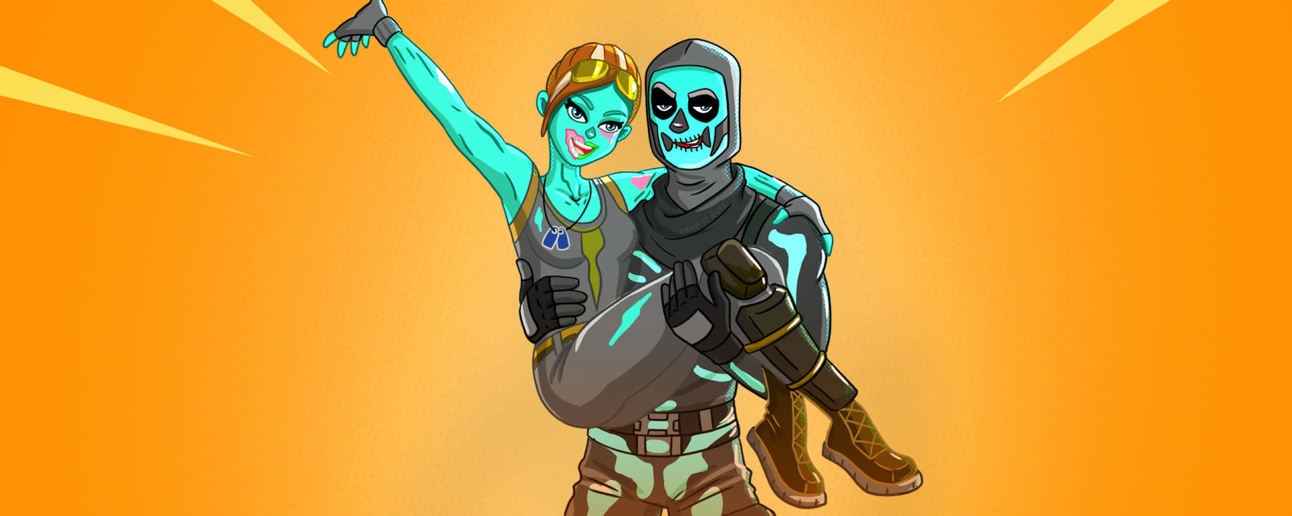 Cool Ghoul Trooper 桌布 壁紙 — 兩個Fortnite角色，其中一個戴著骷髏面具和發光的青綠色裝飾，在耀眼的橙色背景前動態擺姿勢。