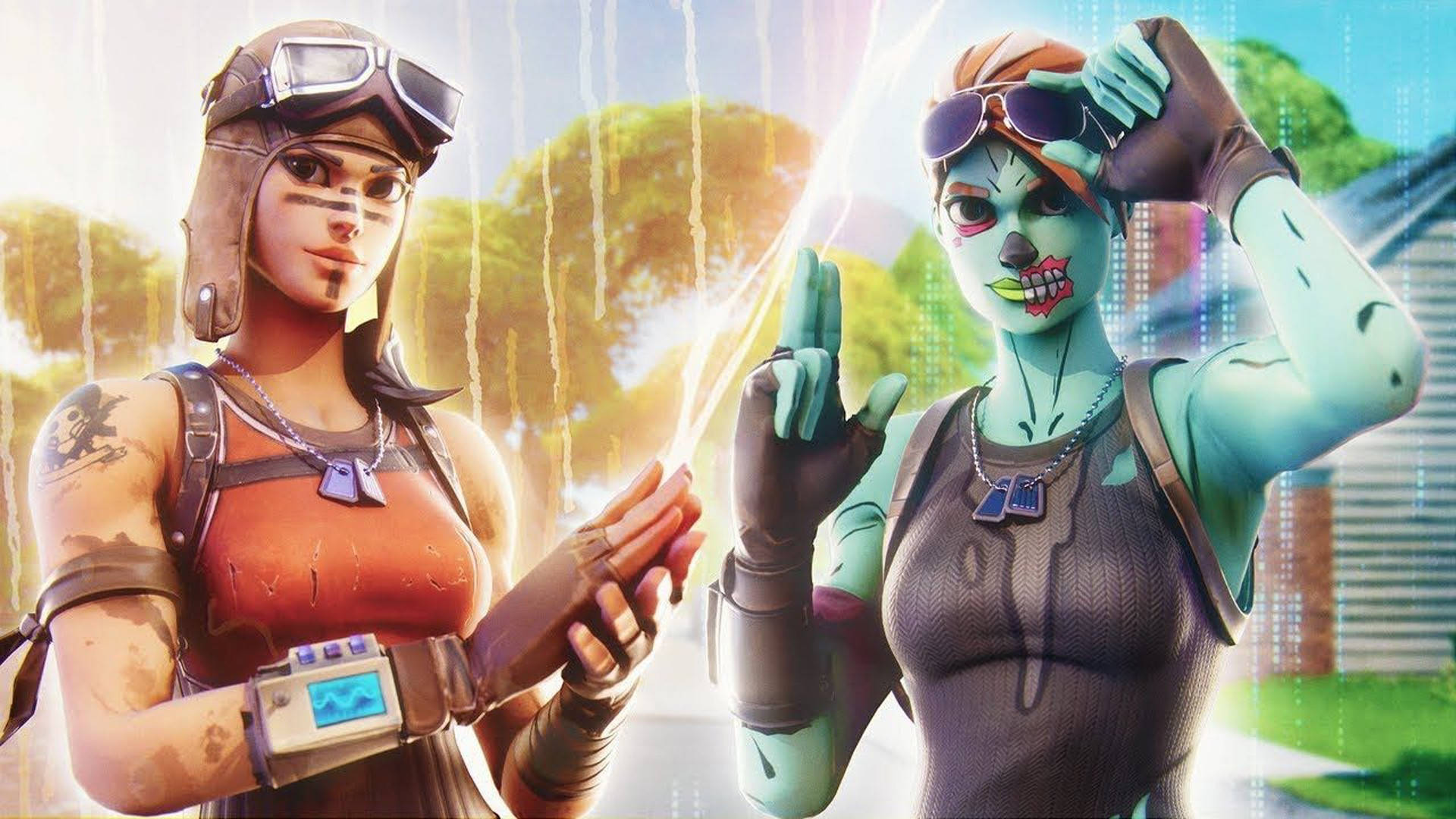 Renegade 桌布 壁紙 — 兩個Fortnite角色在充滿活力的數位叢林背景下散發能量光芒。