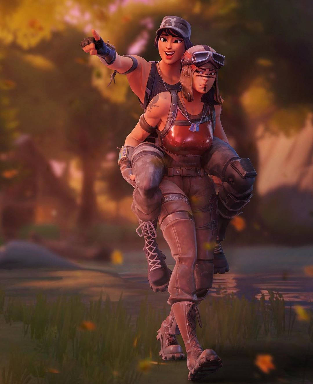 Renegade 桌布 壁紙 — 兩個Fortnite角色在陽光明媚的秋日森林中愉快地一起騎行，落葉紛飛。