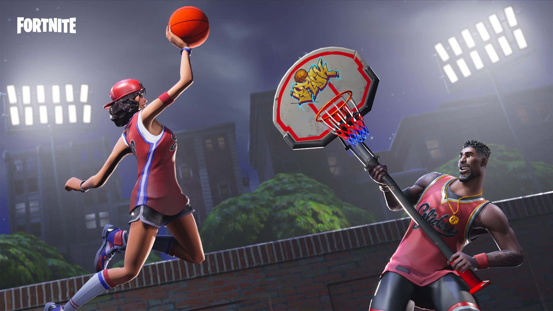 筆記型電腦 桌上型電腦 桌布 壁紙 — 兩個Fortnite角色在體育館燈光下，在一個城市夜景中，用塗鴉籃框打籃球。