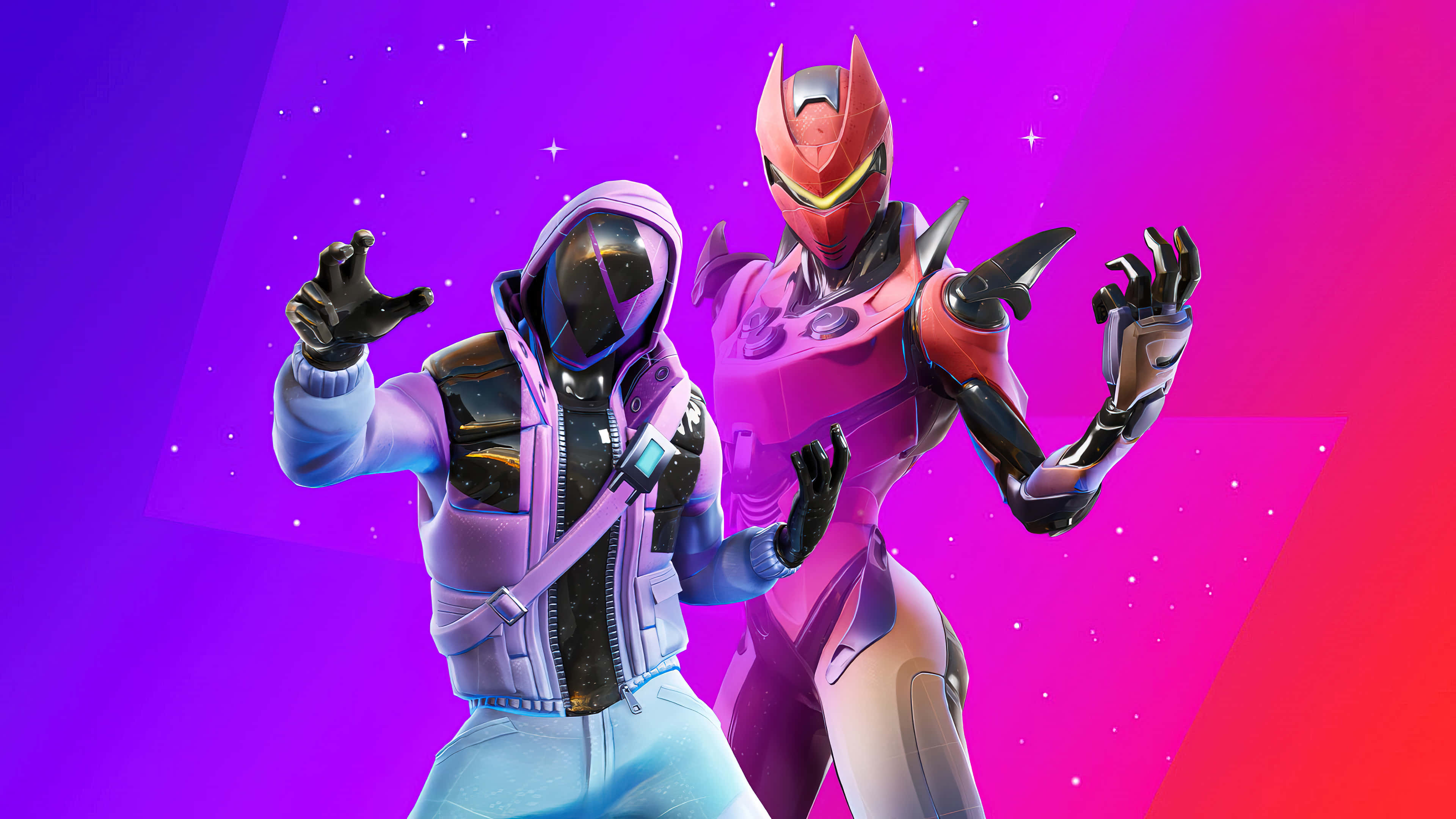 Fortnite 桌布 壁紙 — 兩個Fortnite角色穿著未來風格服裝，在充滿閃爍星星的鮮豔紫色和粉紅色漸變背景前擺姿勢。
