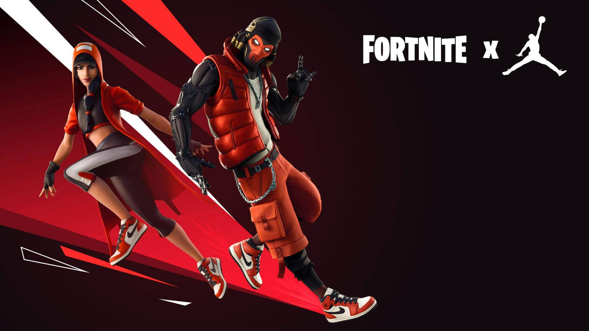 Fortnite 桌布 壁紙 — 兩個Fortnite角色穿著紅色Jordan主題服裝，在帶有紅色斜紋的深色背景上動態擺姿勢。