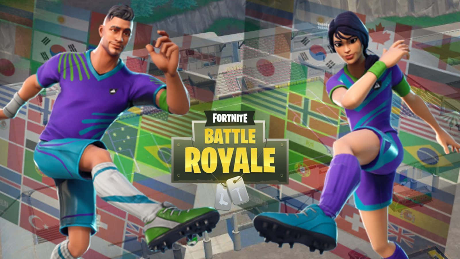 Sweaty Soccer Skin 桌布 壁紙 — 兩個Fortnite角色穿著足球裝備，在國際旗幟和體育場圖像的拼貼畫前動態擺姿勢。