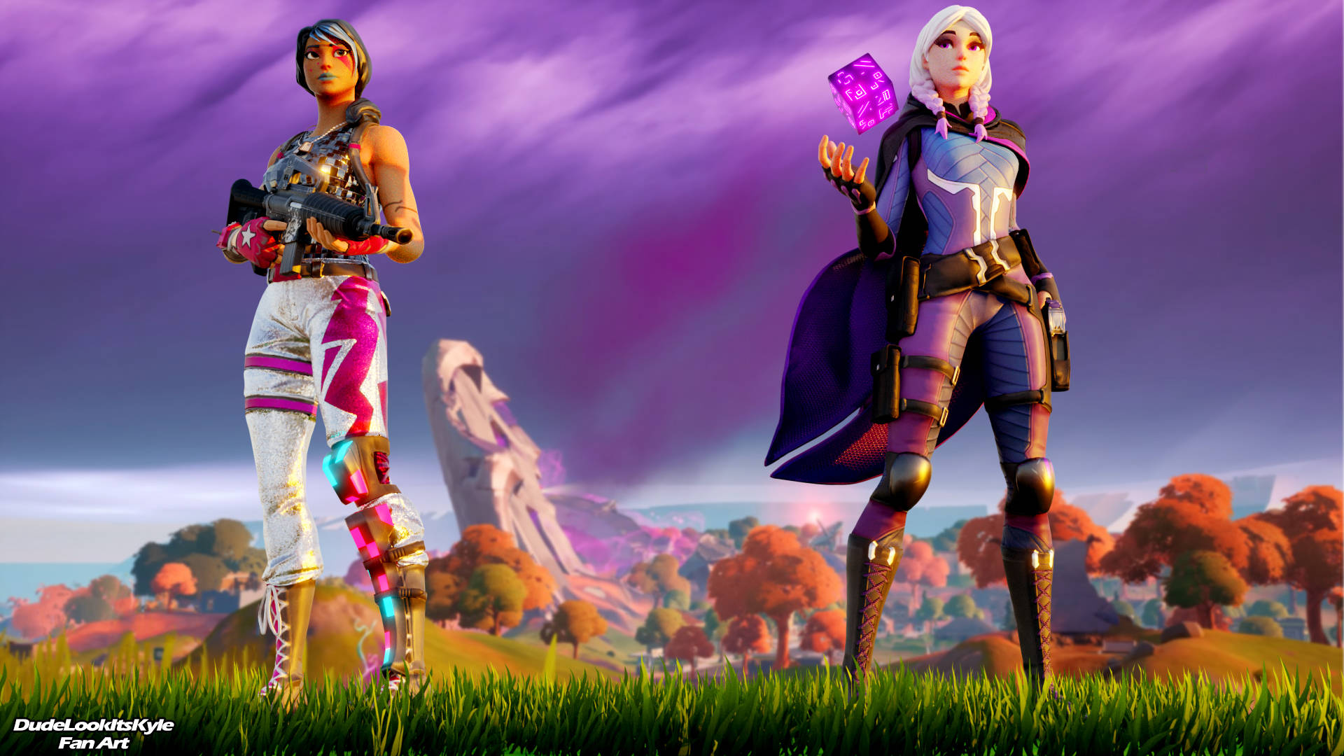 Sparkle Specialist Fortnite 桌布 壁紙 — 兩個Fortnite角色站在草地上，天空呈紫色，背景有秋天的樹木和遠處的山脈。