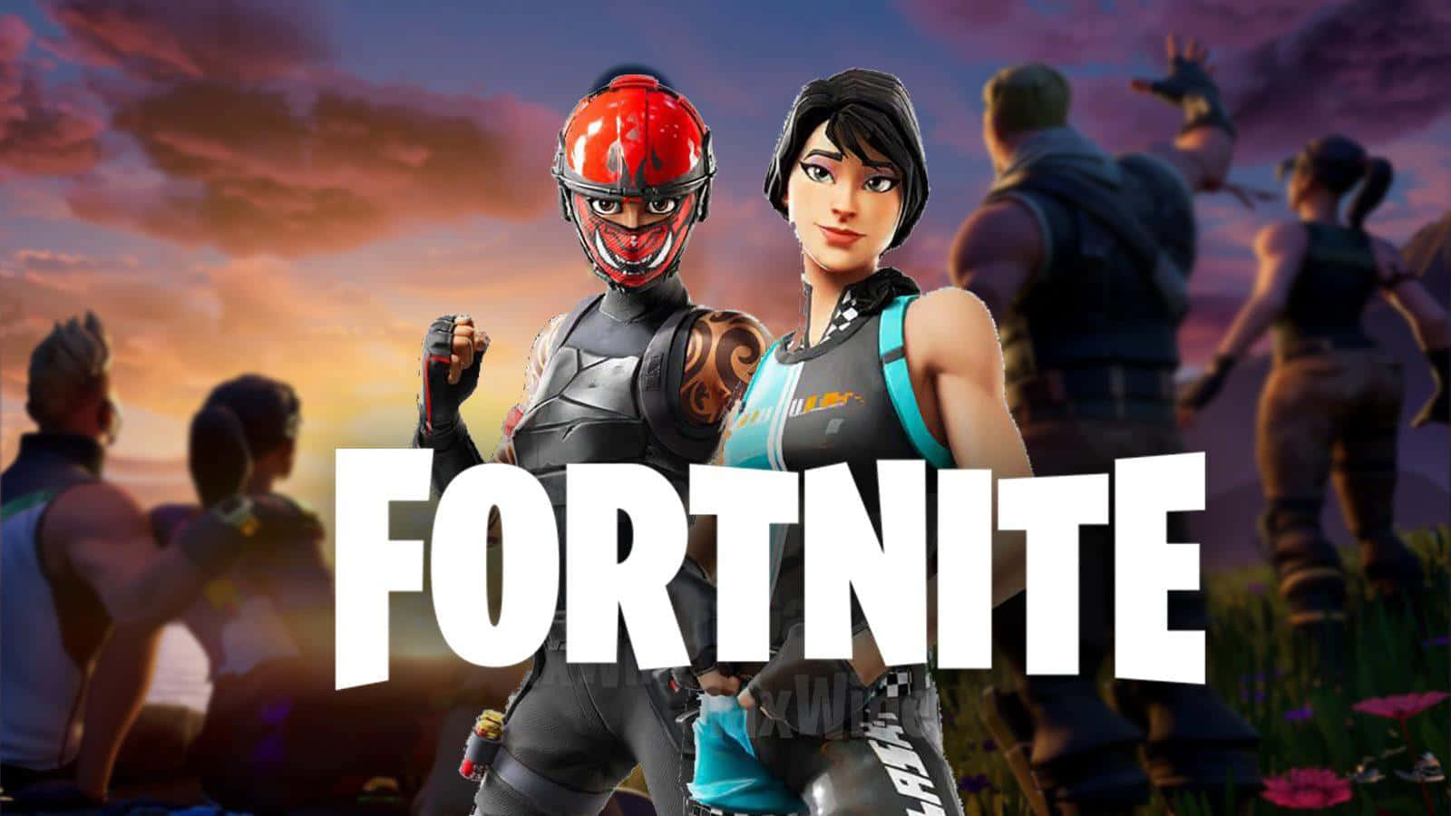 Fortnite 桌布 壁紙 — 兩個Fortnite角色自信地站在夕陽照耀的田野中，背景有其他玩家。
