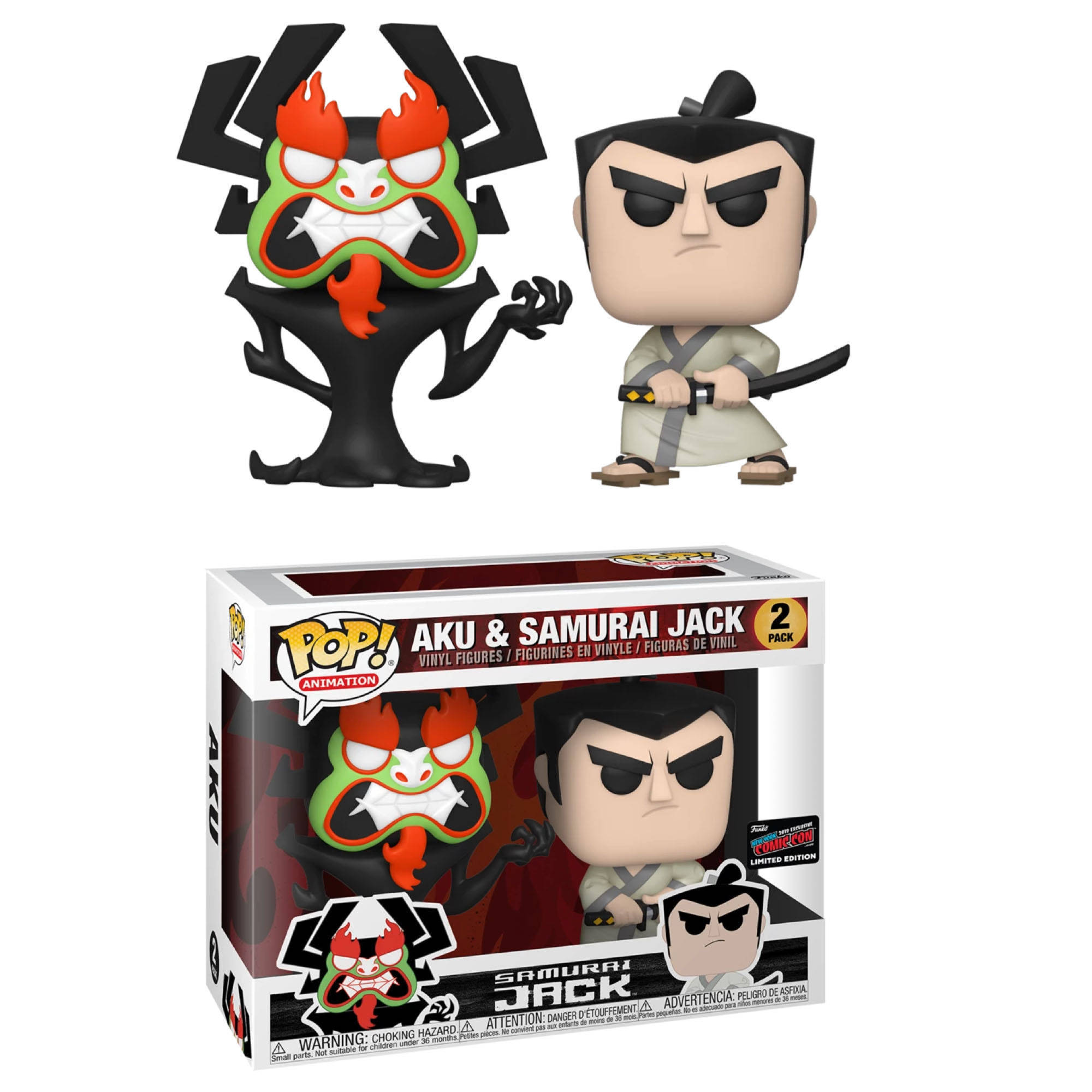 Funko Pop 桌布 壁紙 — 兩個Funko Pop! Samurai Jack與其火焰惡魔敵人Aku的乙烯基人偶，連同收藏盒一同展示。