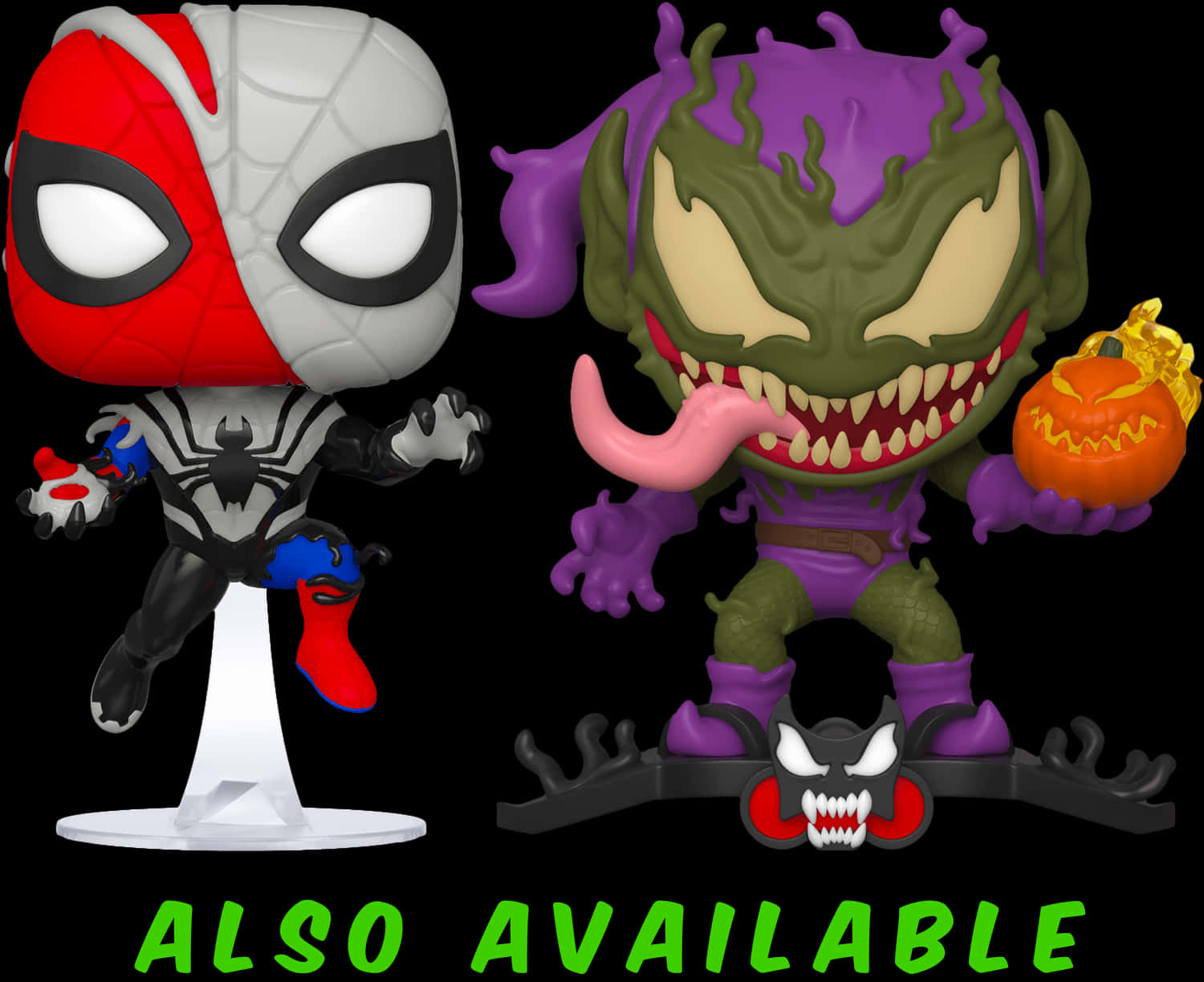Villain 桌布 壁紙 — 兩個Funko Pop人偶站在黑色背景前，一個是半紅半白的蜘蛛人，另一個是紫色和綠色的猛毒拿著南瓜。