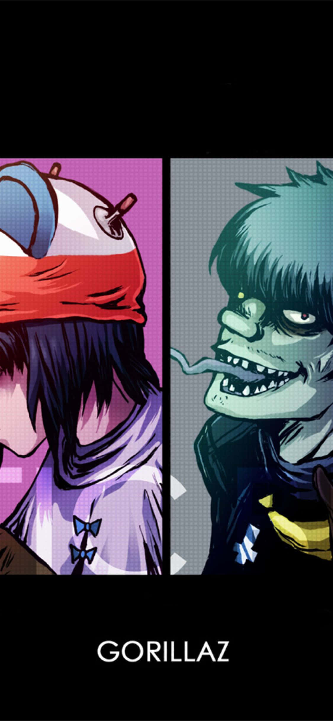 band 桌布 壁紙 — 兩個Gorillaz角色的分屏動畫風格插圖，一個戴紅帽配紫色背景，另一個綠色皮膚叼煙配藍色背景。