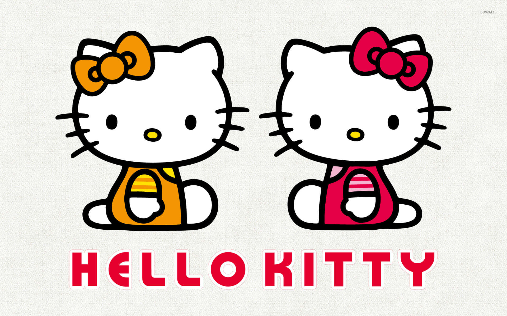 Mimmy White 桌布 壁紙 — 兩個Hello Kitty角色並排而坐，身穿色彩繽紛的服裝，頭上戴著蝴蝶結，背景帶有紋理。