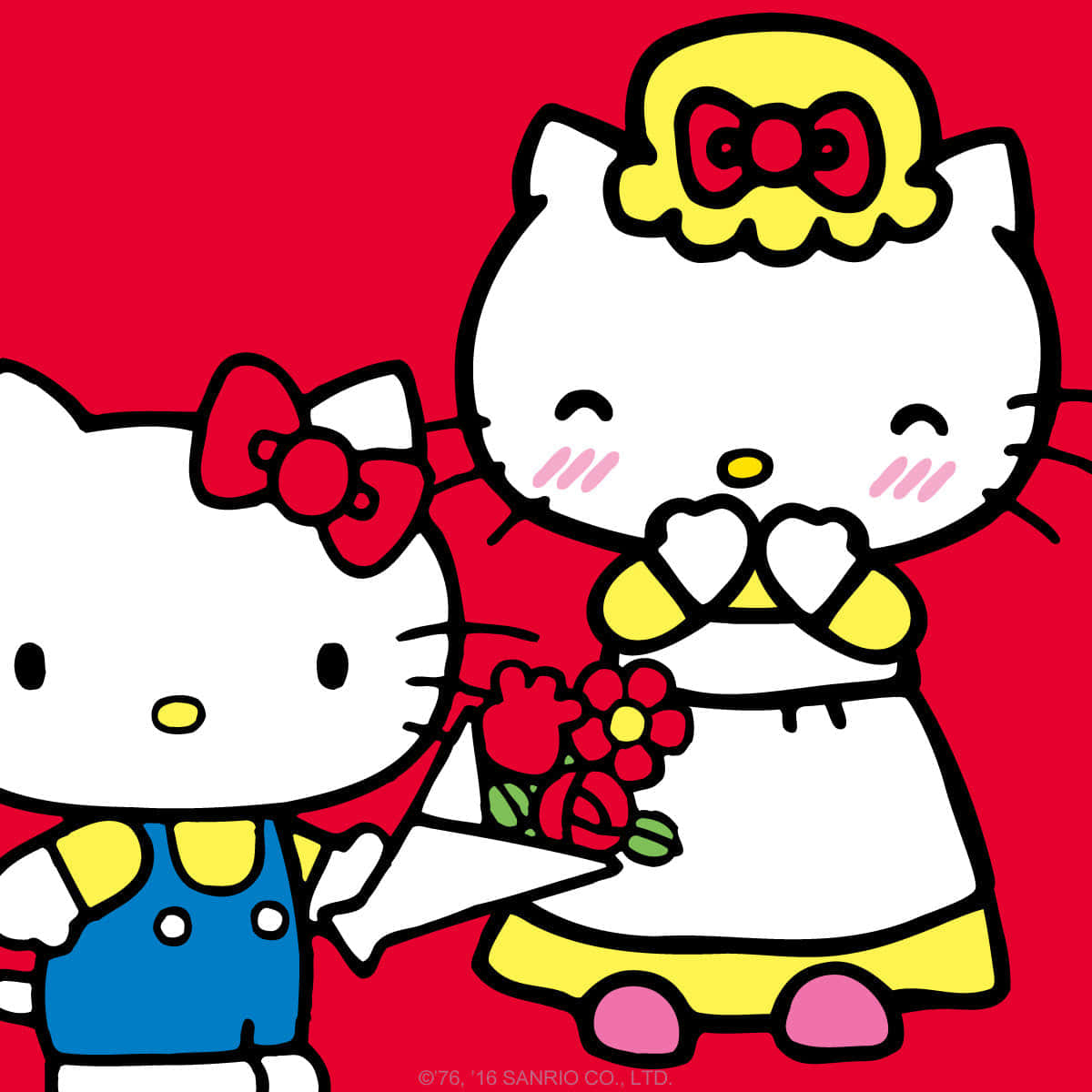 Mary White 桌布 壁紙 — 兩個Hello Kitty角色以卡通風格呈現，一個身穿藍色吊帶褲手持玫瑰，另一個身穿黃色連衣裙配蝴蝶結，兩者均以紅色背景襯托。