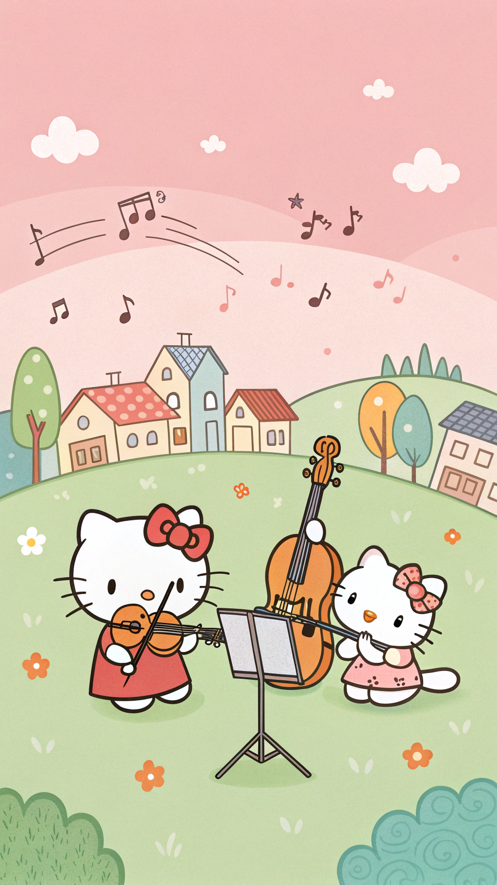 violin 桌布 壁紙 — 兩個Hello Kitty角色在一個帶有漂浮音符和彩色房屋的粉彩風景中演奏小提琴和大提琴。