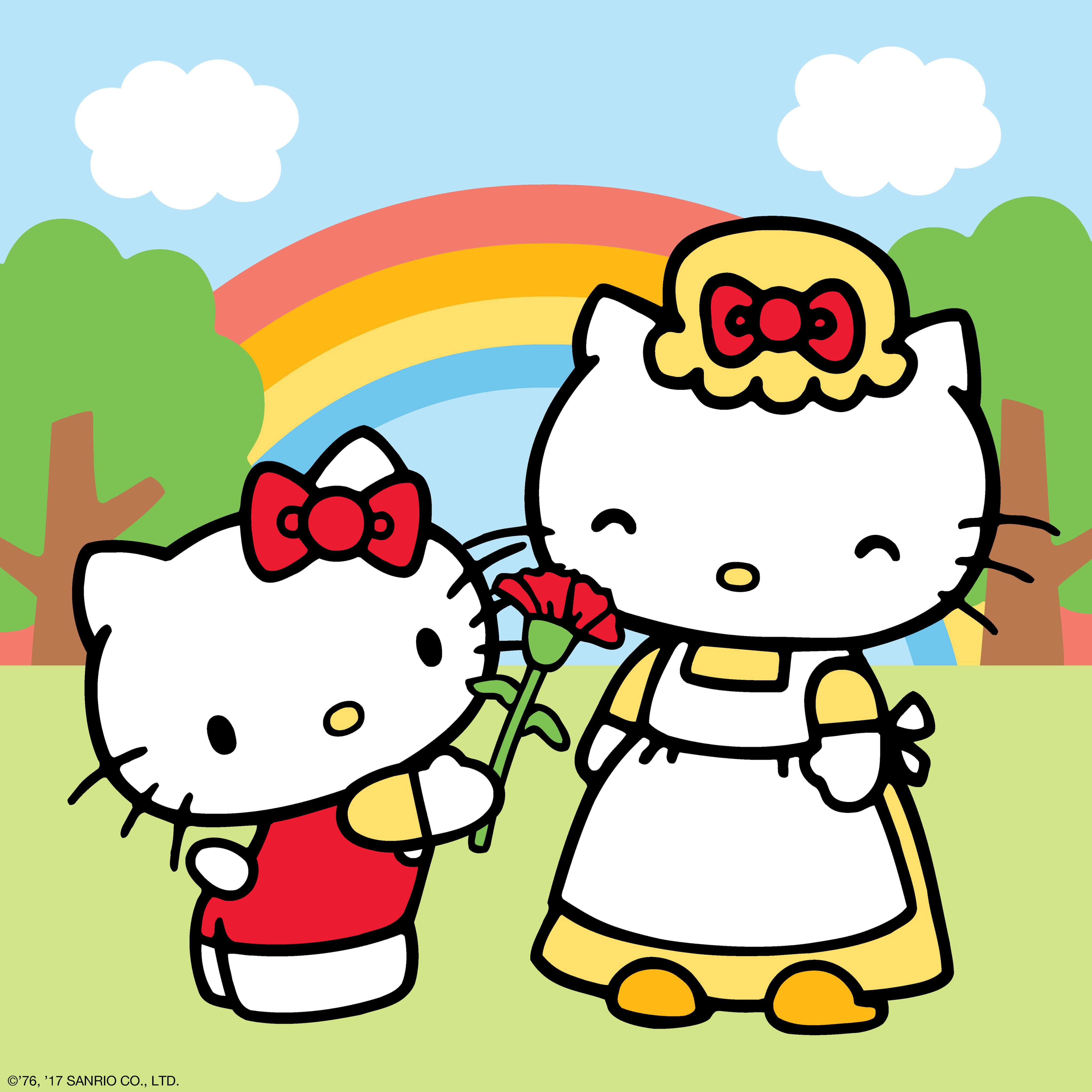Mary White 桌布 壁紙 — 兩個Hello Kitty角色在歡樂的戶外場景中，有彩虹和樹木。