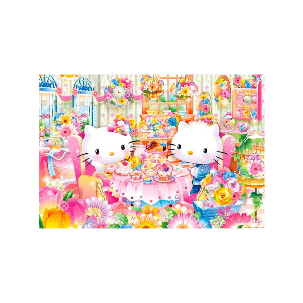 凱蒂貓 美學 桌布 壁紙 — 兩個Hello Kitty角色在盛開的花朵和粉彩裝飾中享受一場充滿活力的茶會。
