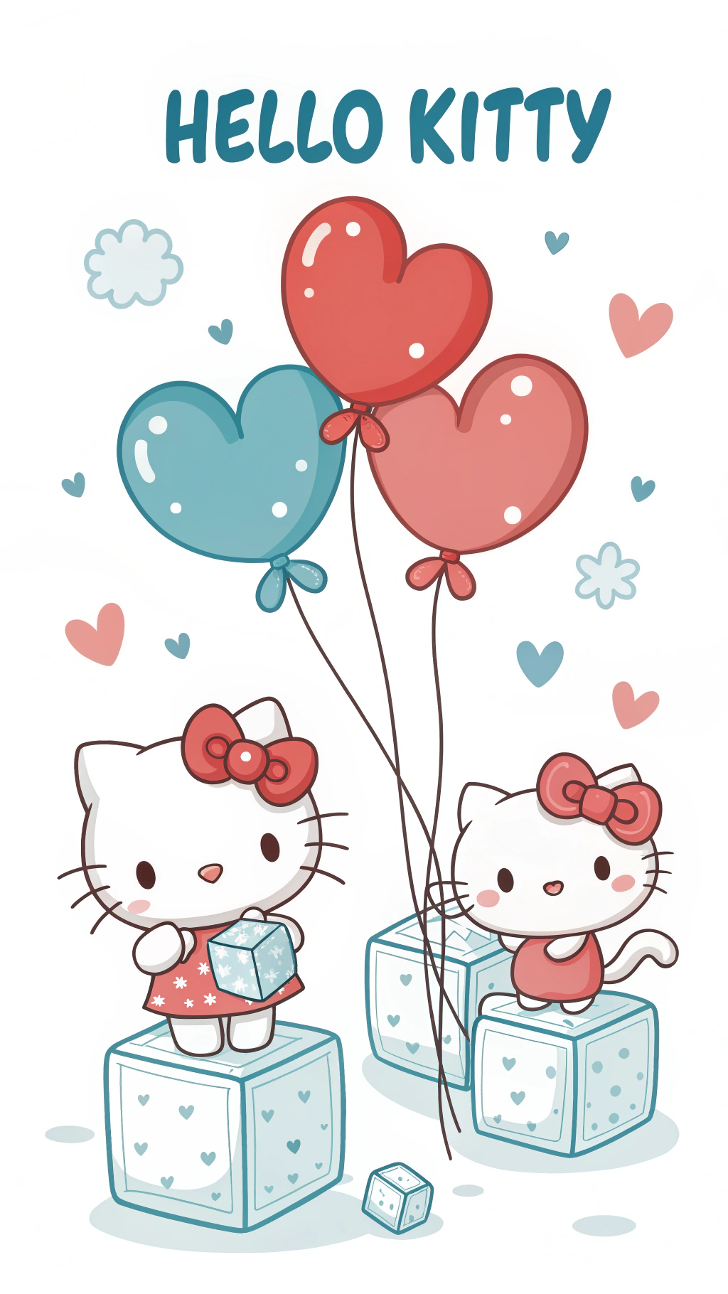 Hello Kitty 桌布 壁紙 — 兩個Hello Kitty角色站在淺藍色立方體上，手持心形氣球，背景為白色，有漂浮的心形和雲朵。
