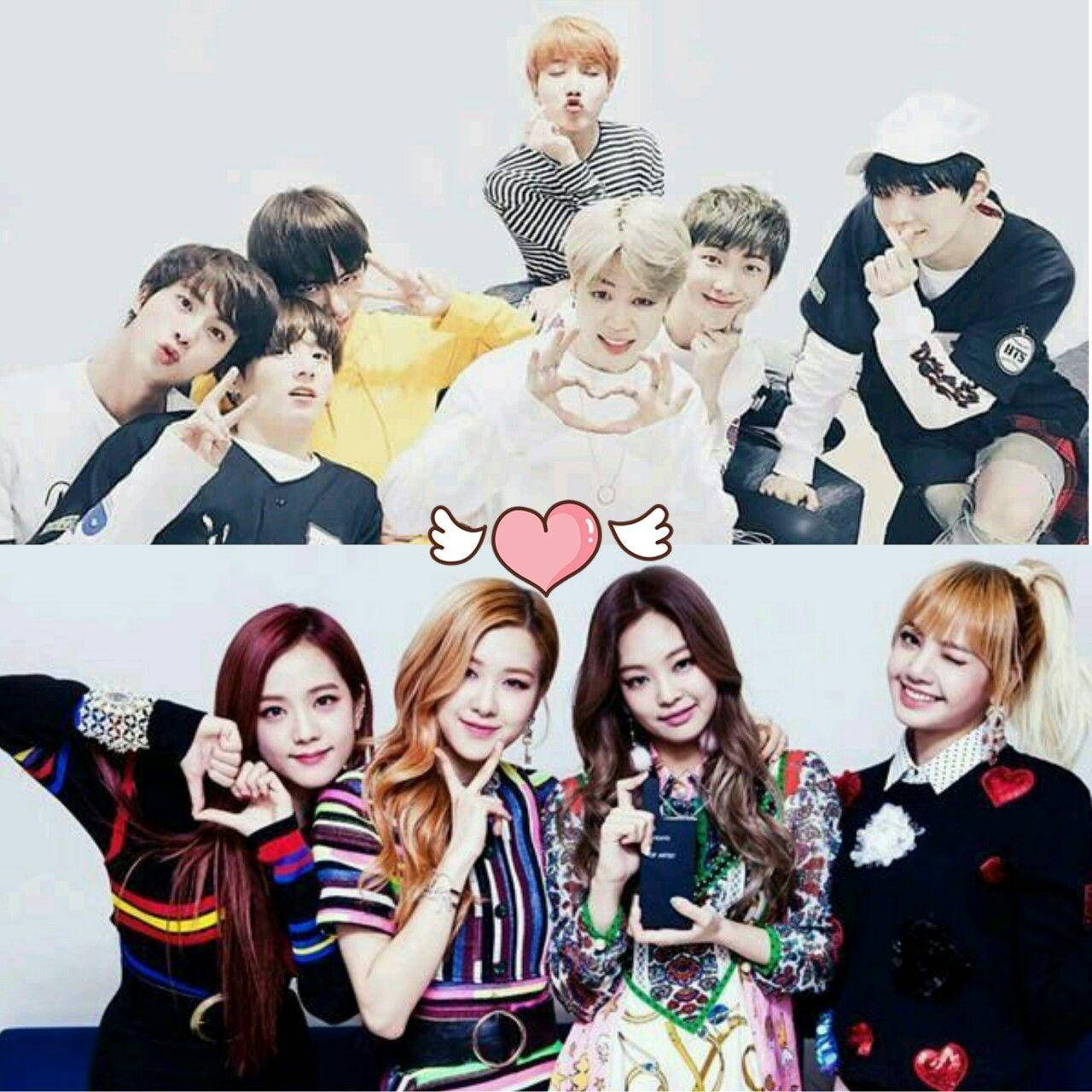 BTS 和 BLACKPINK 桌布 壁紙 — 兩個K-pop團體在分割畫面工作室拍攝中愉快地擺姿勢，做出心形手勢。