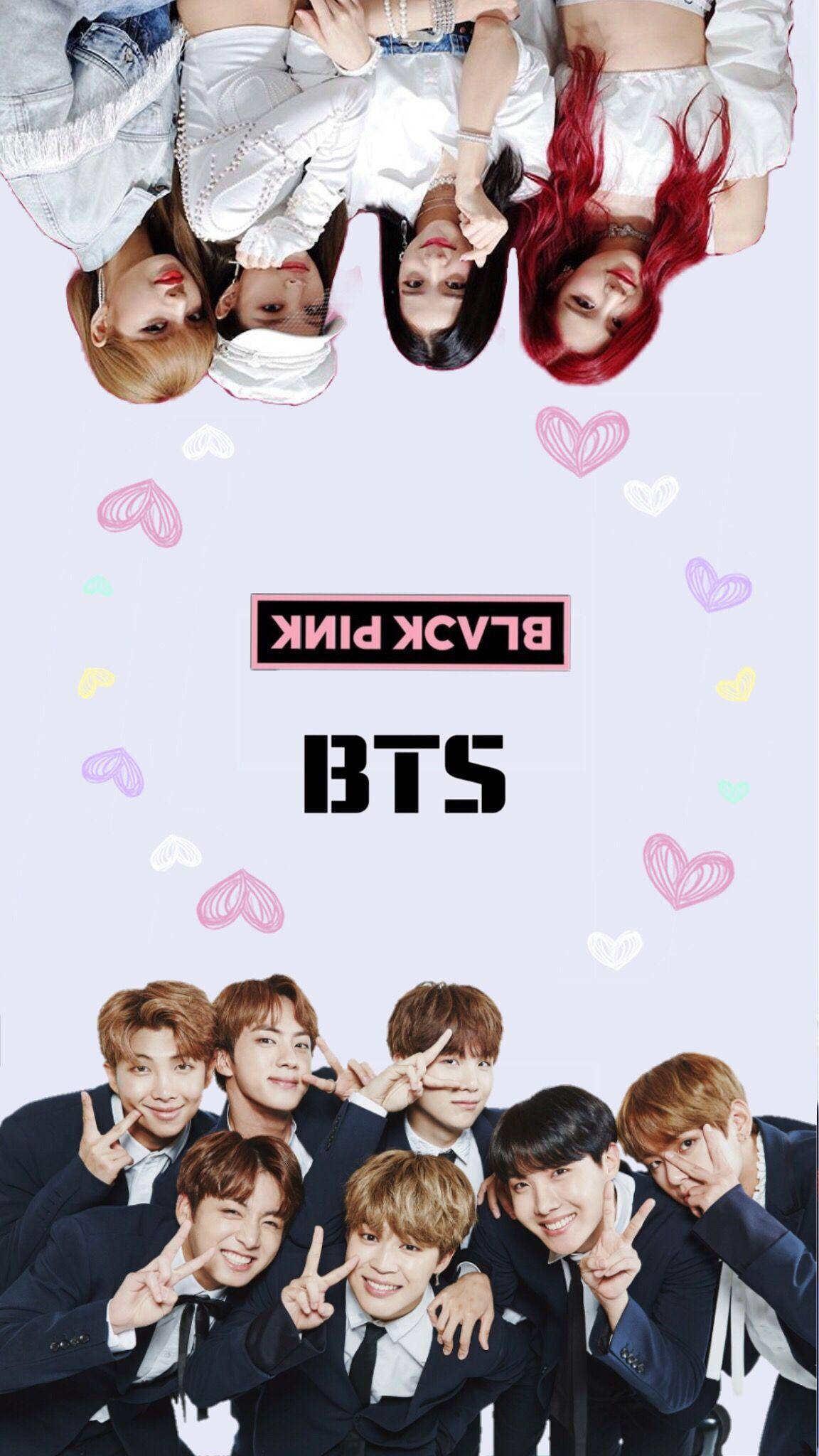 BTS 和 BLACKPINK 桌布 壁紙 — 兩個K-pop組合Black Pink和BTS在帶有漂浮心形的粉彩背景前倒立和正立擺姿勢。