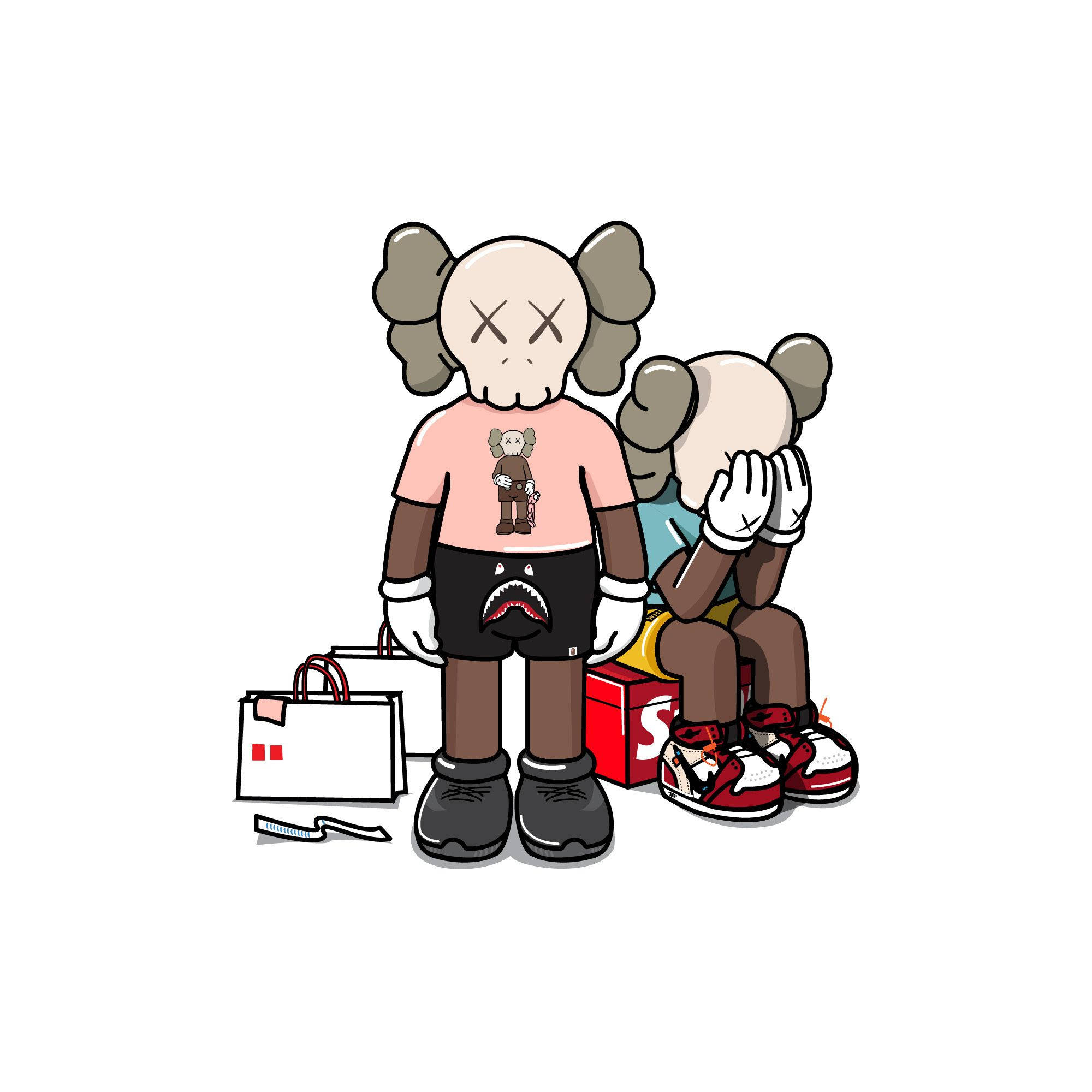 KAWS 桌布 壁紙 — 兩個KAWS角色，一個穿著粉紅色襯衫和鯊魚短褲站立，另一個坐在紅色盒子上用手遮住臉。